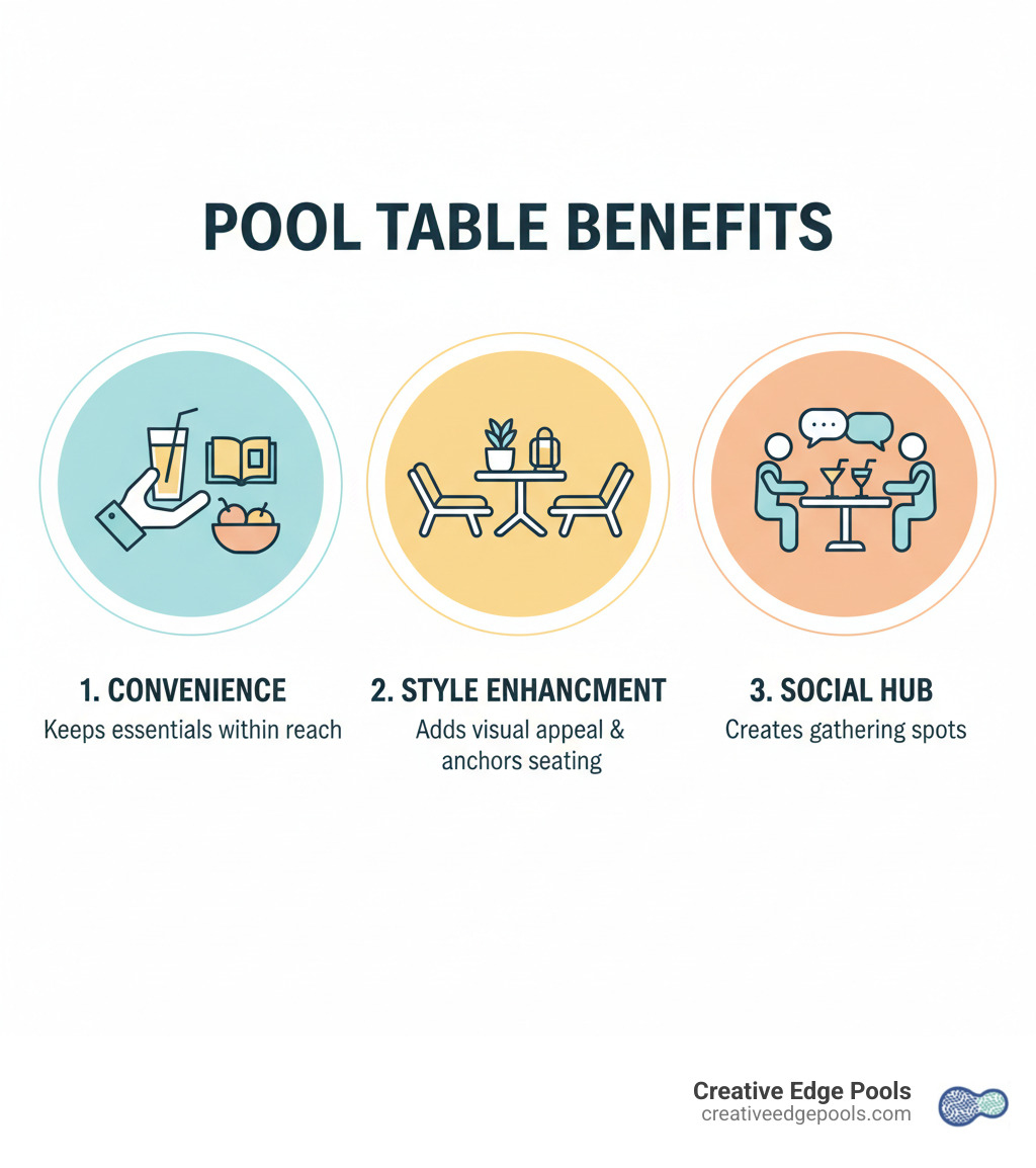 Infographic showing three key benefits of poolside tables: 1) Convenience - keeps drinks, snacks and essentials within arm's reach, 2) Style Improvement - adds visual appeal and anchors seating areas, 3) Social Hub - creates natural gathering spots for entertaining guests - poolside table infographic Infographic showing three key benefits of poolside tables: 1) Convenience - keeps drinks, snacks and essentials within arm's reach, 2) Style Improvement - adds visual appeal and anchors seating areas, 3) Social Hub - creates natural gathering spots for entertaining guests - poolside table infographic