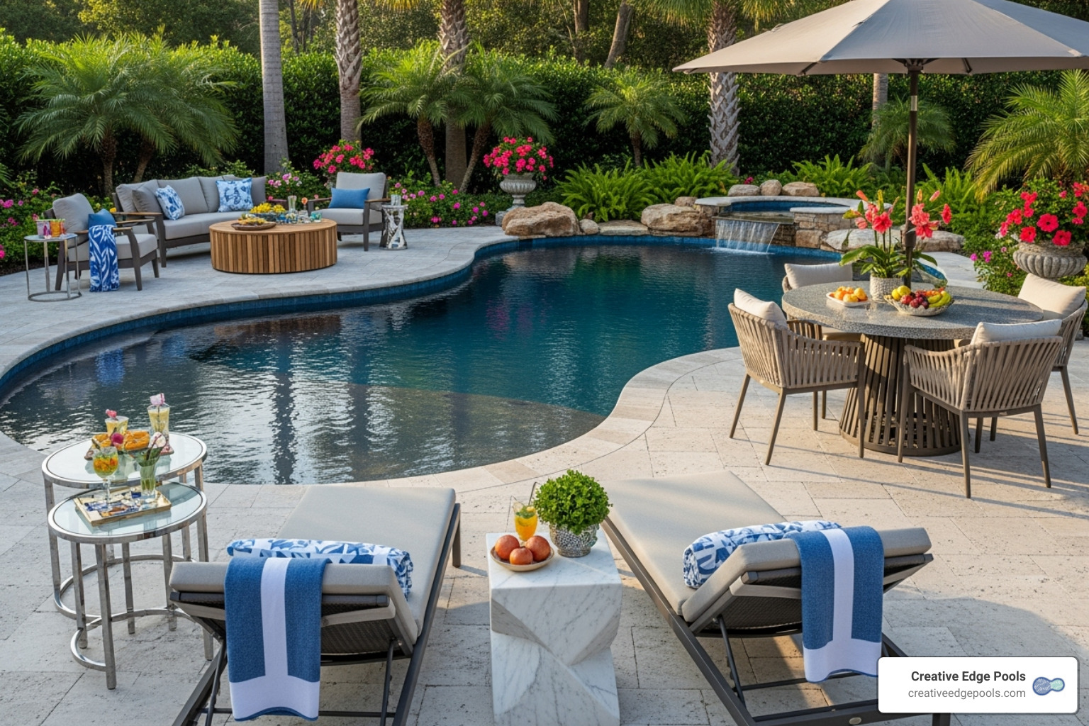 Various poolside tables in different materials and styles around a luxury gunite pool - poolside table Various poolside tables in different materials and styles around a luxury gunite pool - poolside table