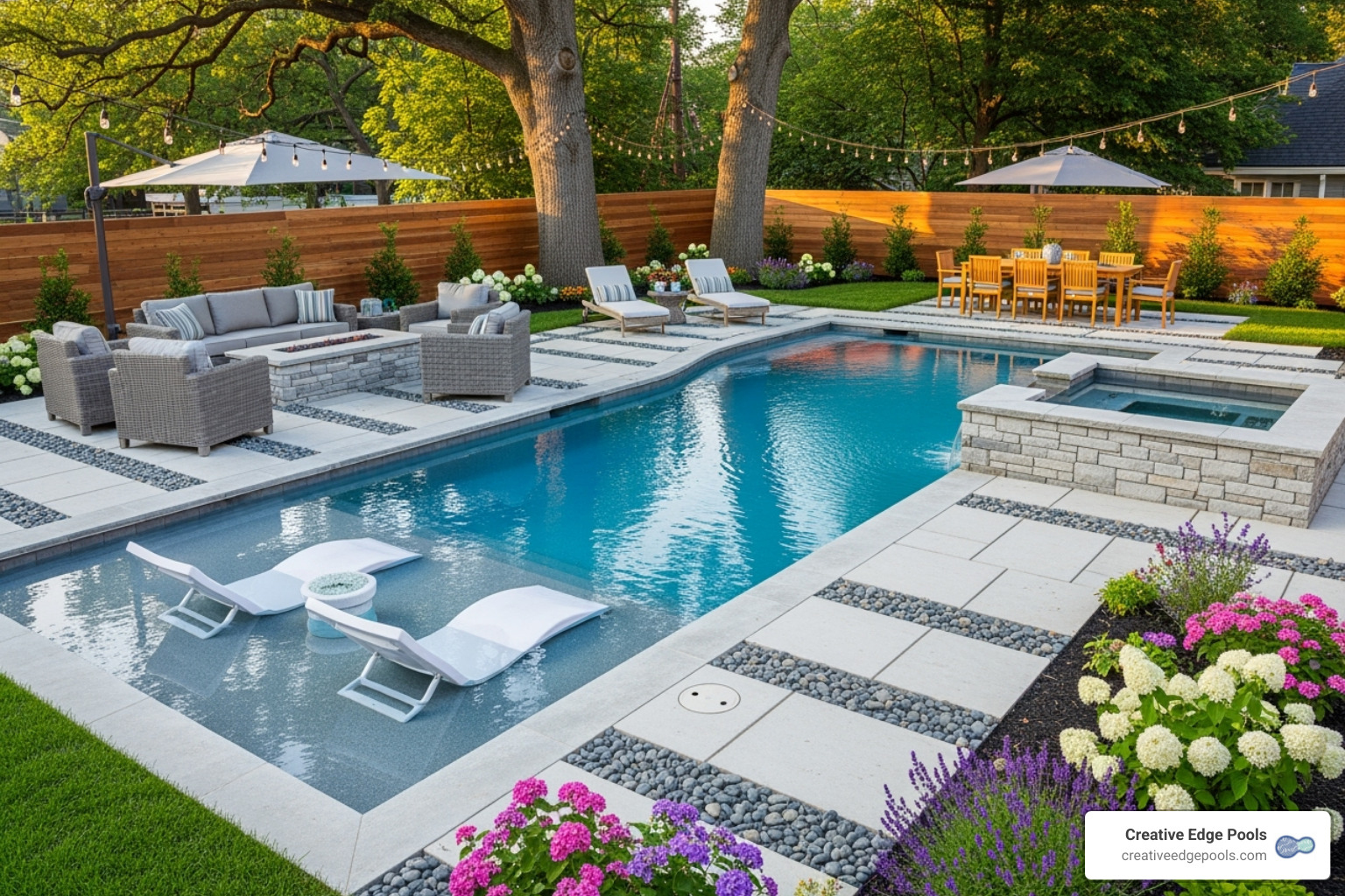 A stunning, fully completed backyard by Creative Edge Pools, showcasing a gunite pool, neat hardscaping, and perfectly placed furniture - poolside table A stunning, fully completed backyard by Creative Edge Pools, showcasing a gunite pool, neat hardscaping, and perfectly placed furniture - poolside table