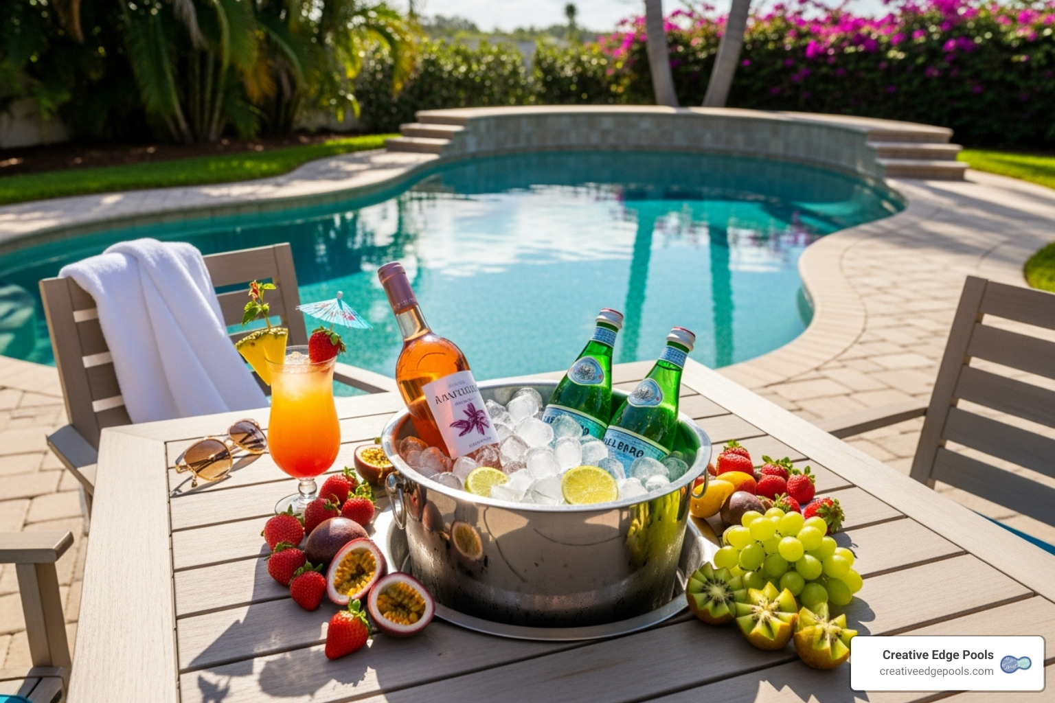 A poolside table with a built-in ice bucket filled with drinks and fruit - poolside table A poolside table with a built-in ice bucket filled with drinks and fruit - poolside table