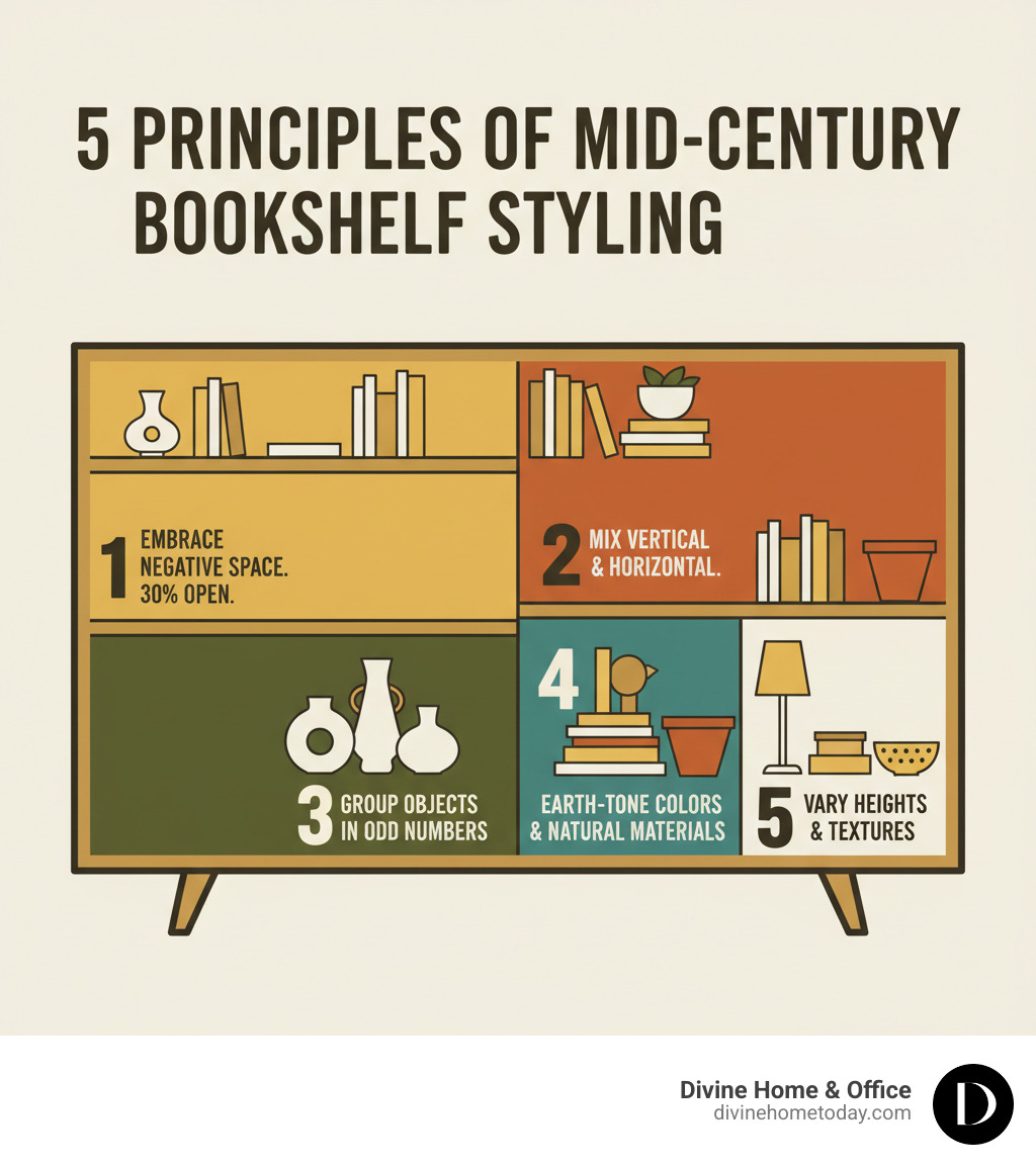 Infographic showing the 5 core principles of mid-century modern bookshelf styling: 1) Accept negative space with 30% of shelves left open, 2) Mix vertical and horizontal book arrangements, 3) Group decorative objects in odd numbers, 4) Use earth-tone color palette with natural materials, 5) Vary heights and textures for visual interest - styling mid century bookshelf infographic 