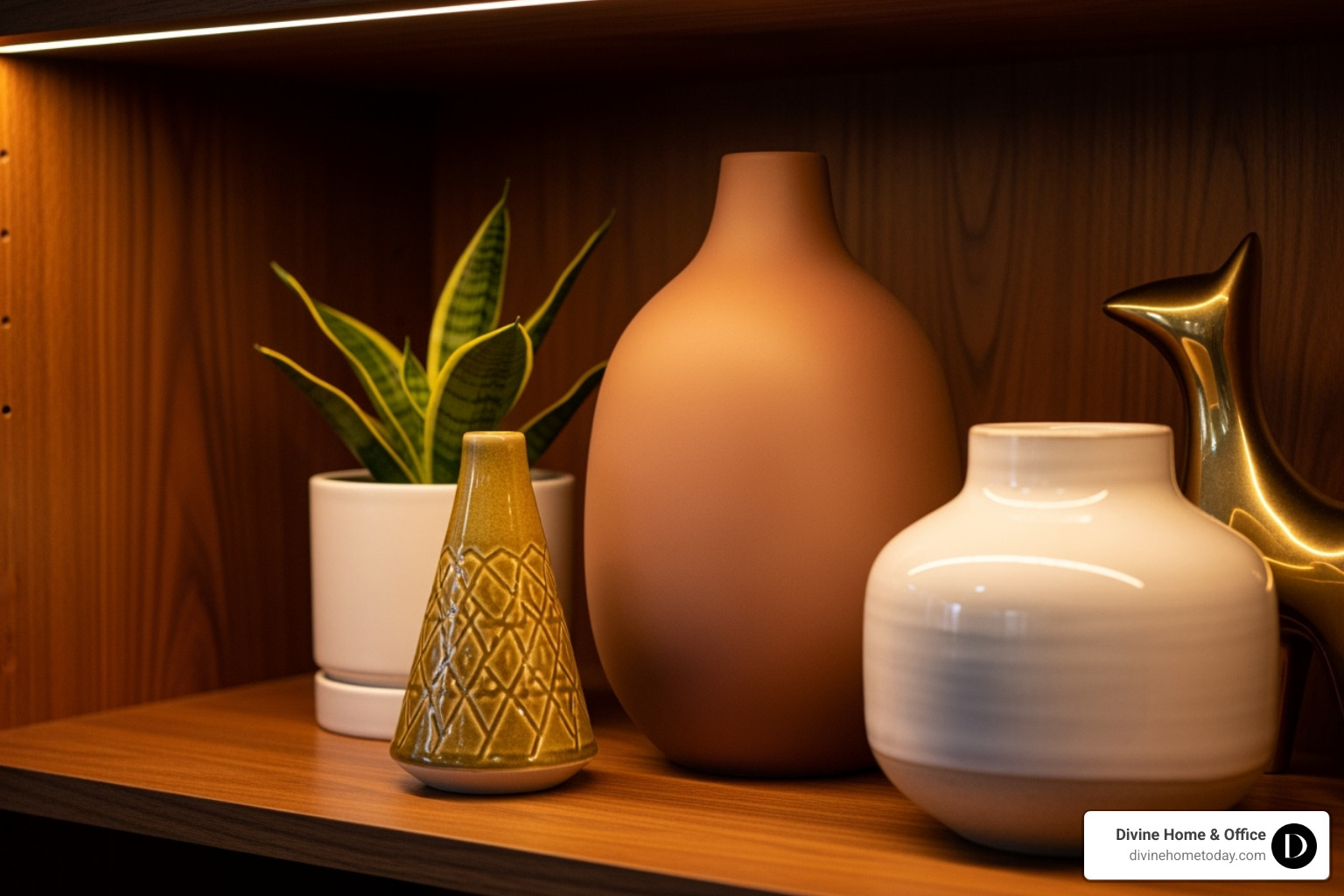 A close-up of a mid-century bookshelf vignette featuring ceramic vases, a small plant, and a brass accent - styling mid century bookshelf