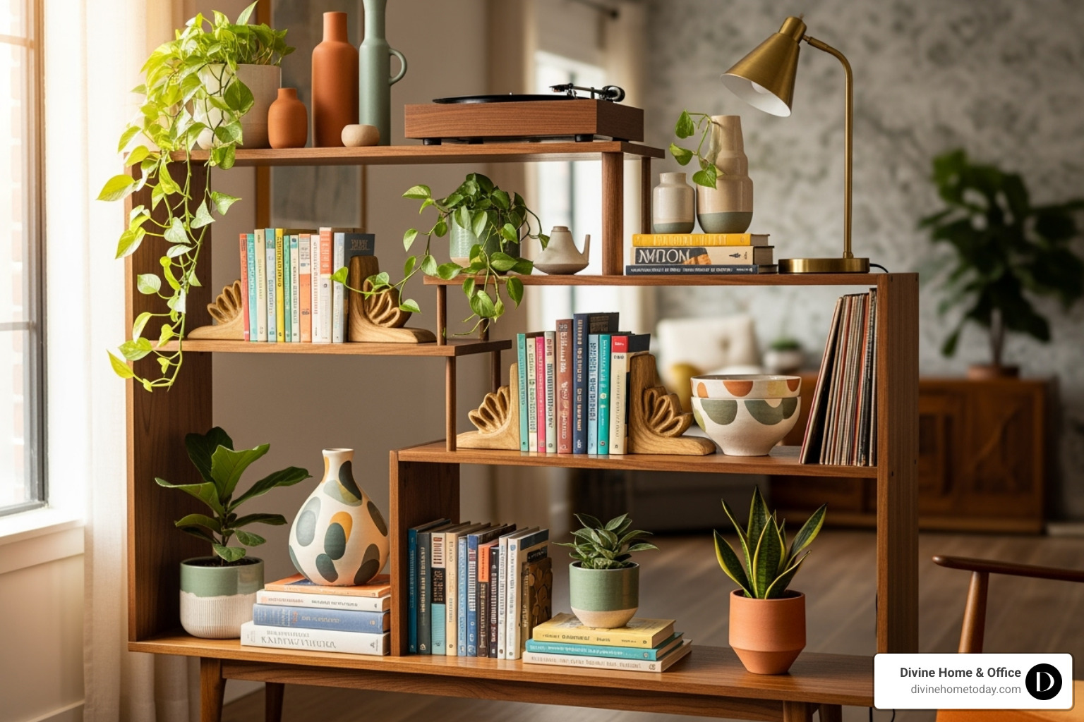 A perfectly styled mid-century modern bookshelf showcasing books, ceramics, and plants, illuminated by soft lighting - styling mid century bookshelf