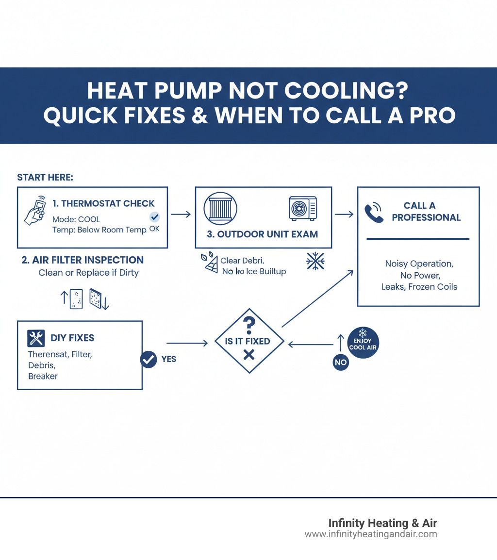 Infographic explaining the basic cooling cycle of a heat pump, including thermostat check, air filter inspection, outdoor unit examination, and decision points for DIY fixes versus professional repair needs - Heat pump not cooling infographic 