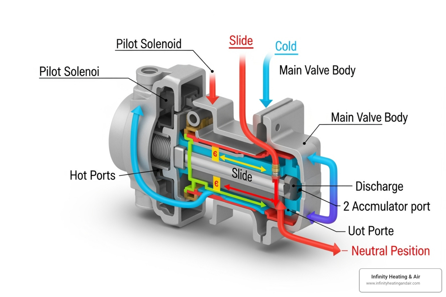 A diagram showing a heat pump's reversing valve - Heat pump not cooling