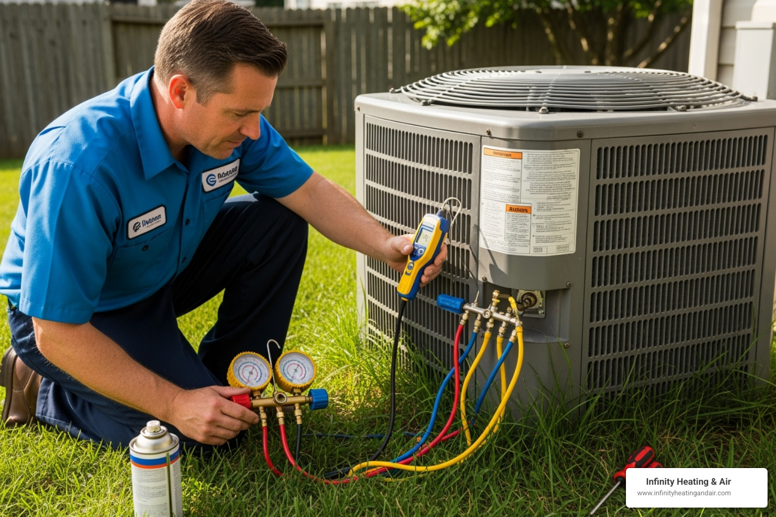 A technician checking refrigerant levels on an outdoor unit - Heat pump not cooling