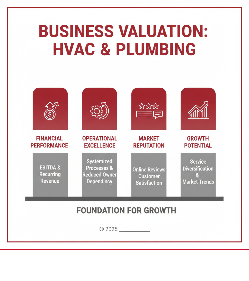 Infographic showing the four core pillars of HVAC and plumbing business valuation: Financial Performance with EBITDA and recurring revenue streams, Operational Excellence through systemized processes and reduced owner dependency, Market Reputation via online reviews and customer satisfaction, and Growth Potential including service diversification and market trends adaptation - Increase the Value of Your HVAC or Plumbing Business infographic 