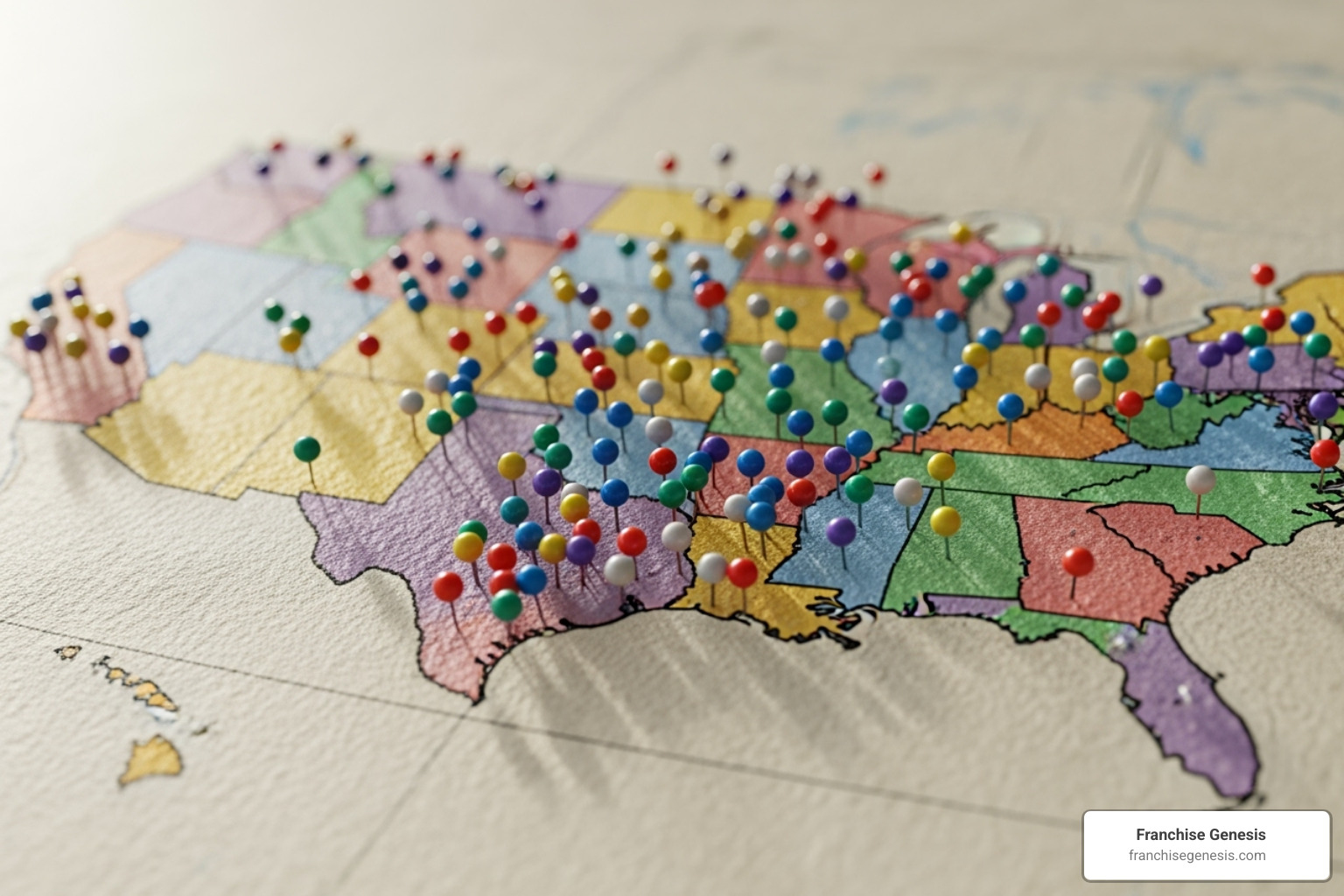 A map of the US with multiple pins representing franchise locations - Pet services franchise