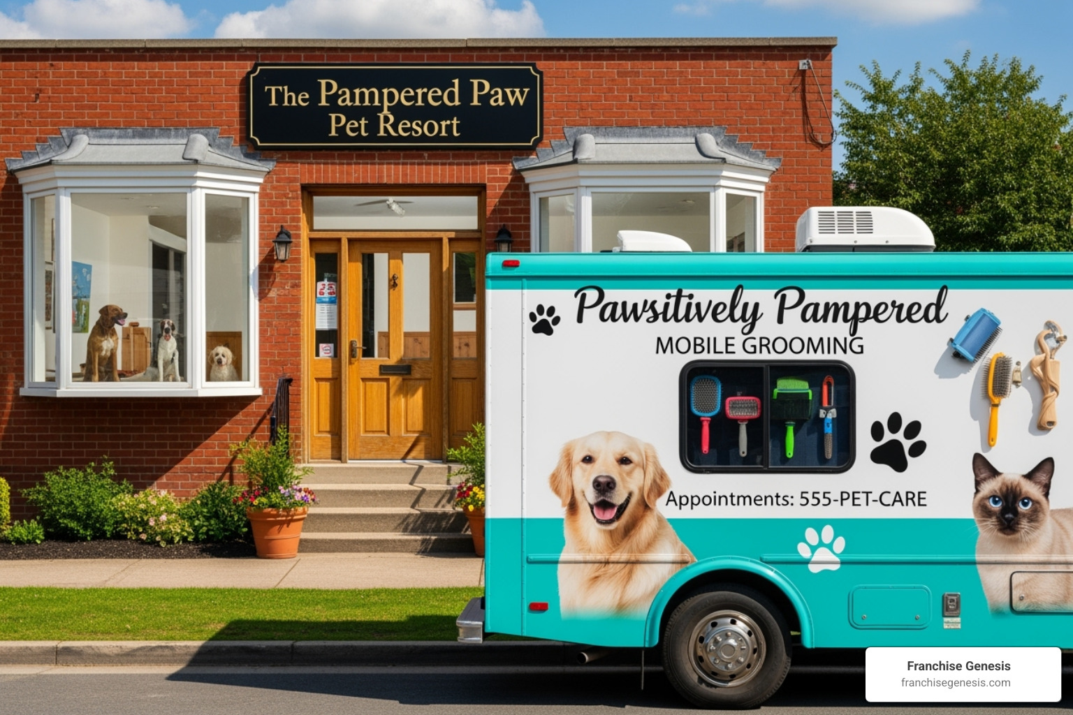 branded mobile grooming van next to a brick-and-mortar pet daycare - Pet services franchise