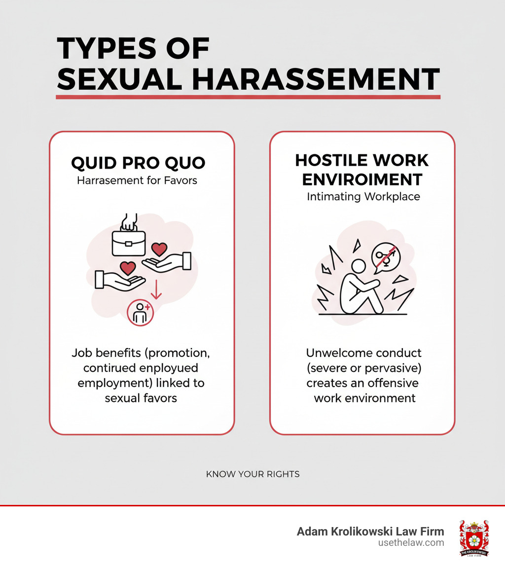 Infographic showing the two main types of sexual harassment: Quid Pro Quo harassment involves sexual favors demanded in exchange for job benefits like promotions or continued employment, while Hostile Work Environment harassment creates an intimidating, offensive workplace through unwelcome sexual conduct that is severe or pervasive - CA sexual harassment lawyer infographic 