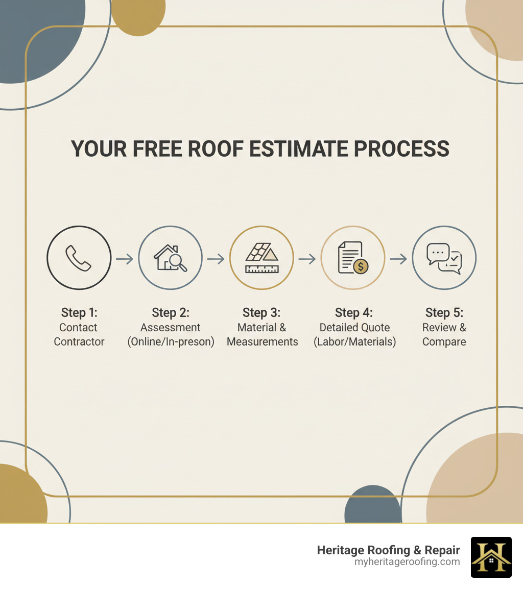 Detailed infographic showing the free roof estimate process: Step 1 - Contact roofing contractor, Step 2 - Property assessment (online or in-person), Step 3 - Material selection and measurements, Step 4 - Detailed written quote with labor and material costs, Step 5 - Review and compare estimates from multiple contractors - Free roof estimate infographic 