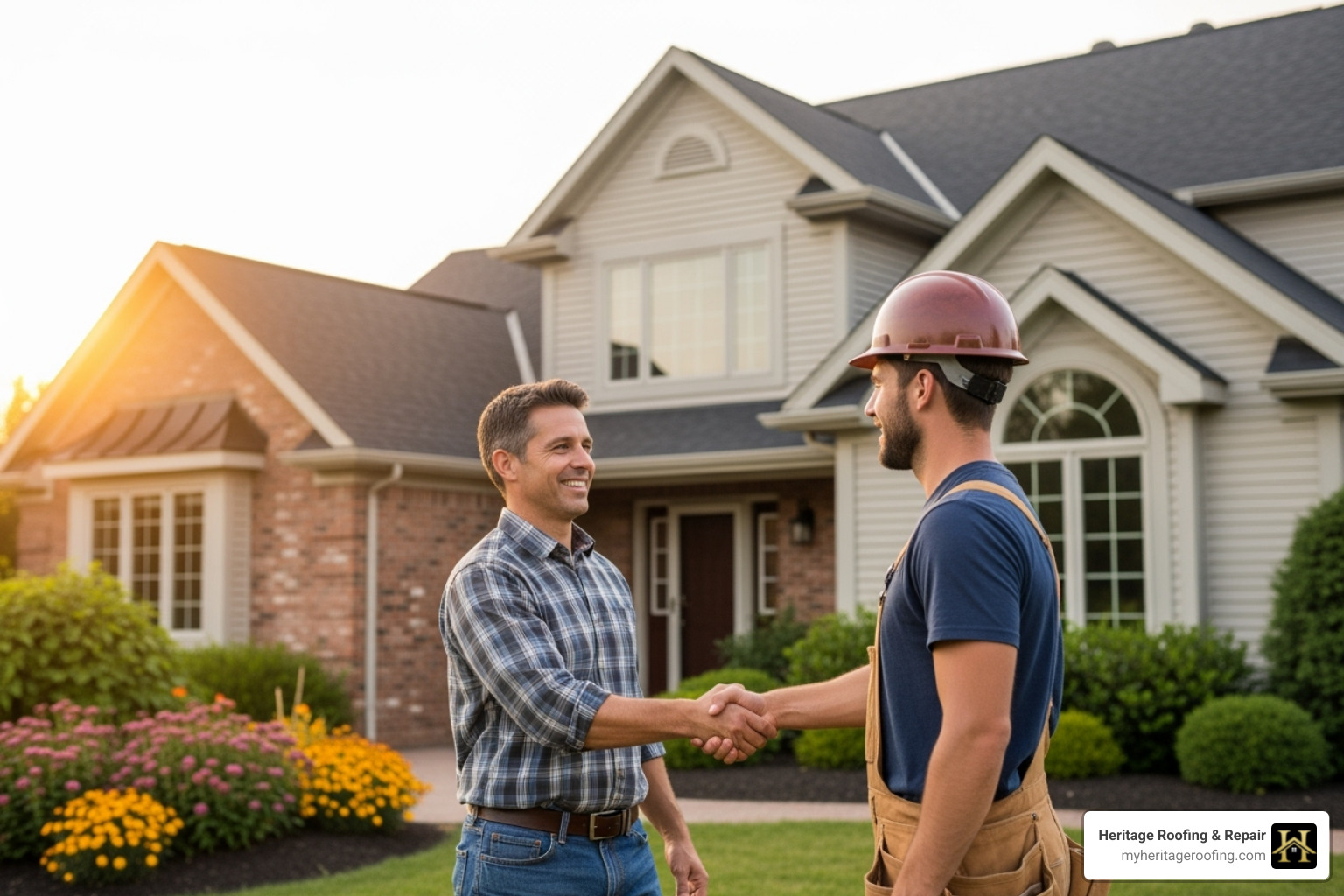 homeowner shaking hands with a roofer in front of a newly roofed house - Free roof estimate