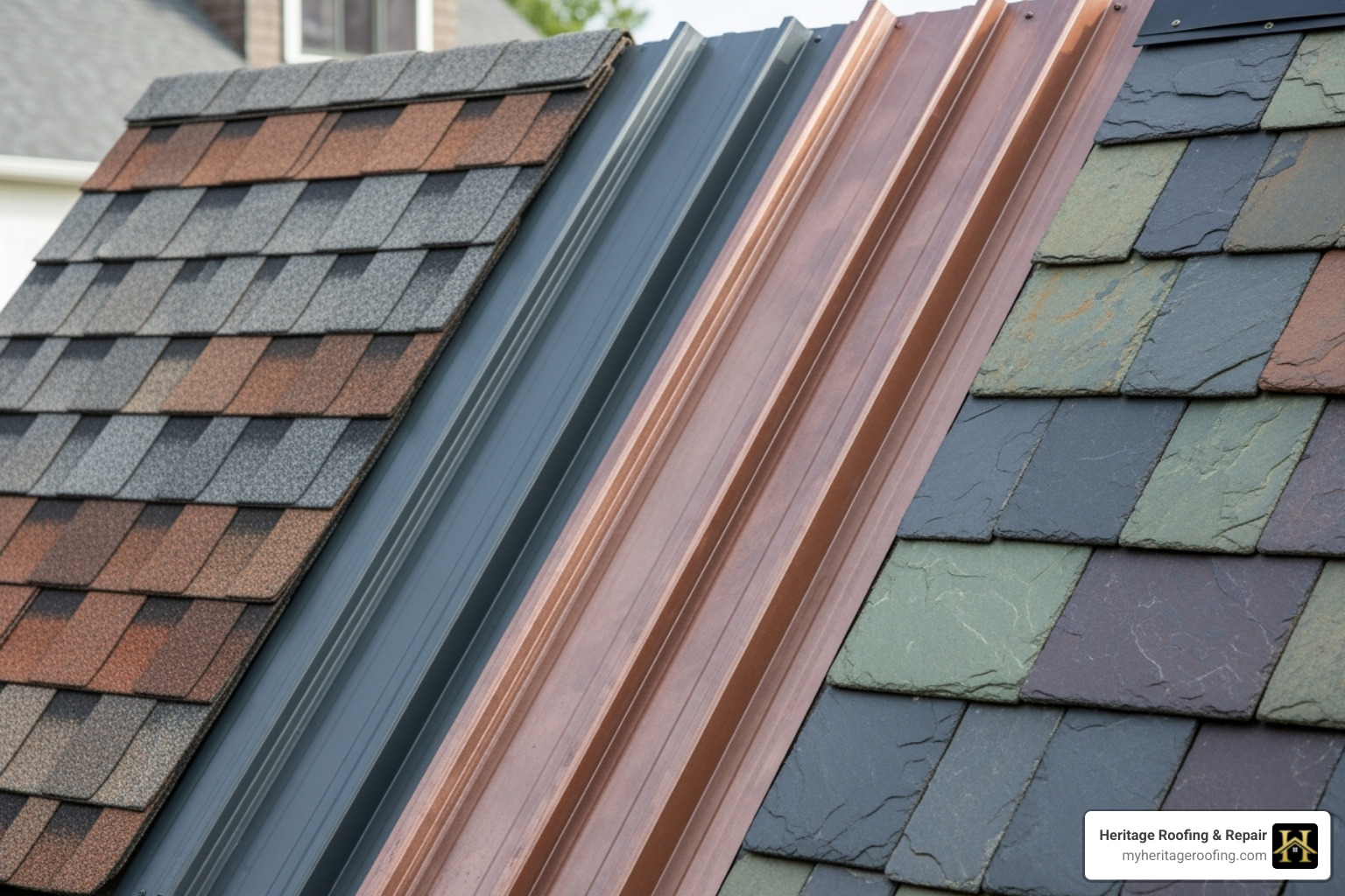 various roofing materials like asphalt shingles, metal panels, and slate tiles laid out - Free roof estimate