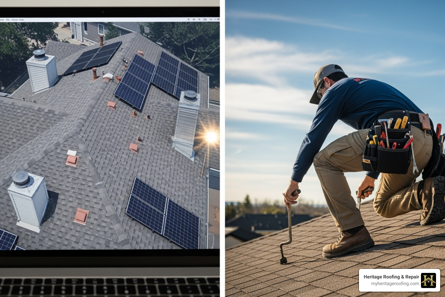 satellite view of a roof on a laptop screen next to a photo of a roofer physically inspecting a roof - Free roof estimate