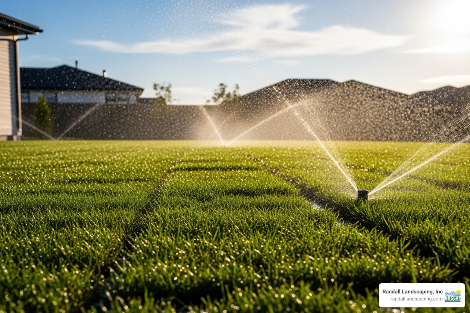 A vibrant green, newly sodded lawn being watered by a sprinkler system, showing the even distribution of water across the grass - sodding lawn A vibrant green, newly sodded lawn being watered by a sprinkler system, showing the even distribution of water across the grass - sodding lawn