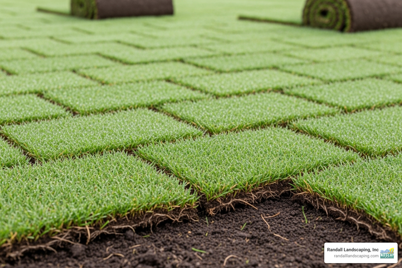 A close-up image of fresh sod being laid in a staggered, brick-like pattern, ensuring tight seams and proper alignment for a seamless lawn - sodding lawn A close-up image of fresh sod being laid in a staggered, brick-like pattern, ensuring tight seams and proper alignment for a seamless lawn - sodding lawn