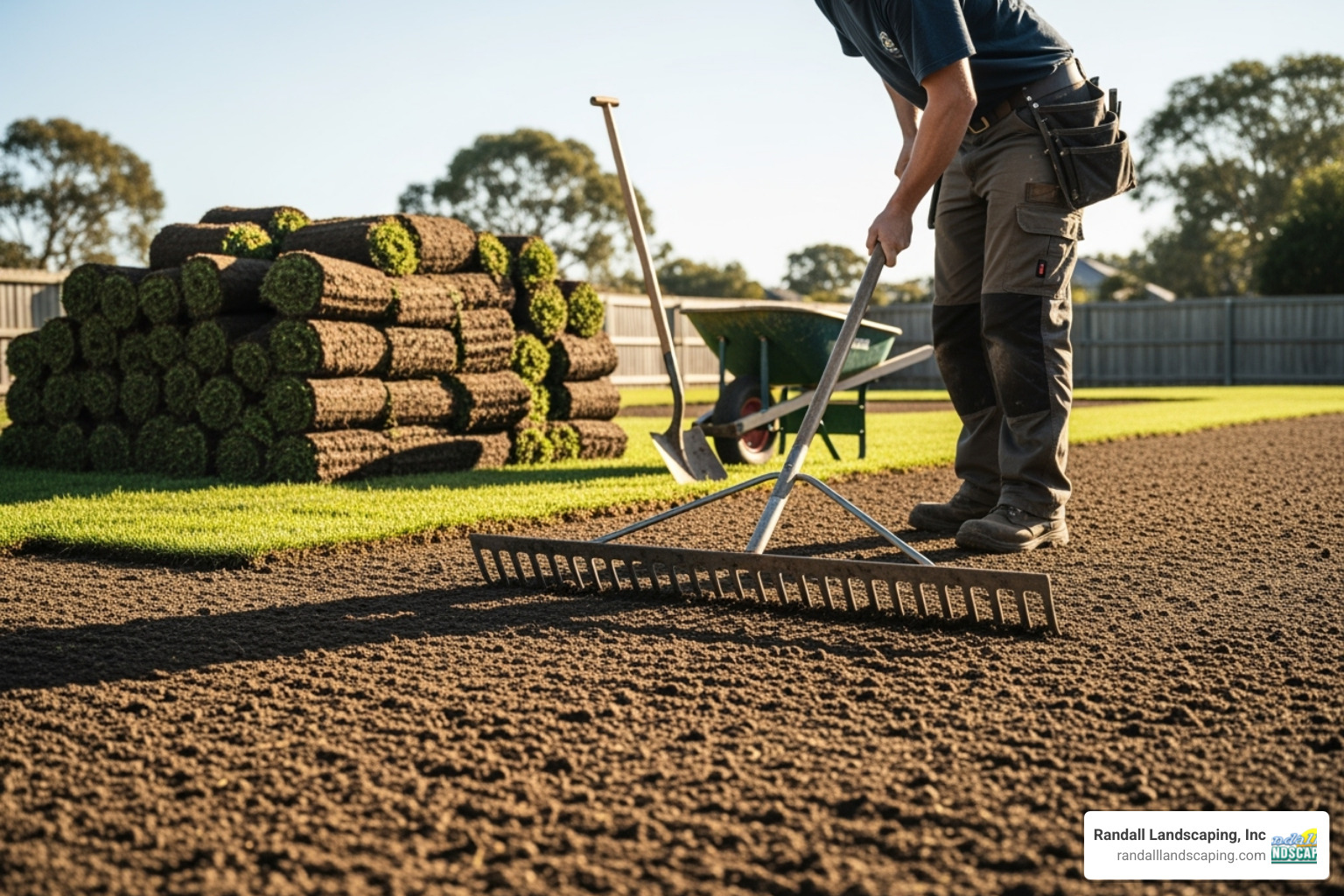 A landscaper carefully preparing the soil for sod installation, using a rake to smooth out the top layer and ensure an even surface - sodding lawn A landscaper carefully preparing the soil for sod installation, using a rake to smooth out the top layer and ensure an even surface - sodding lawn