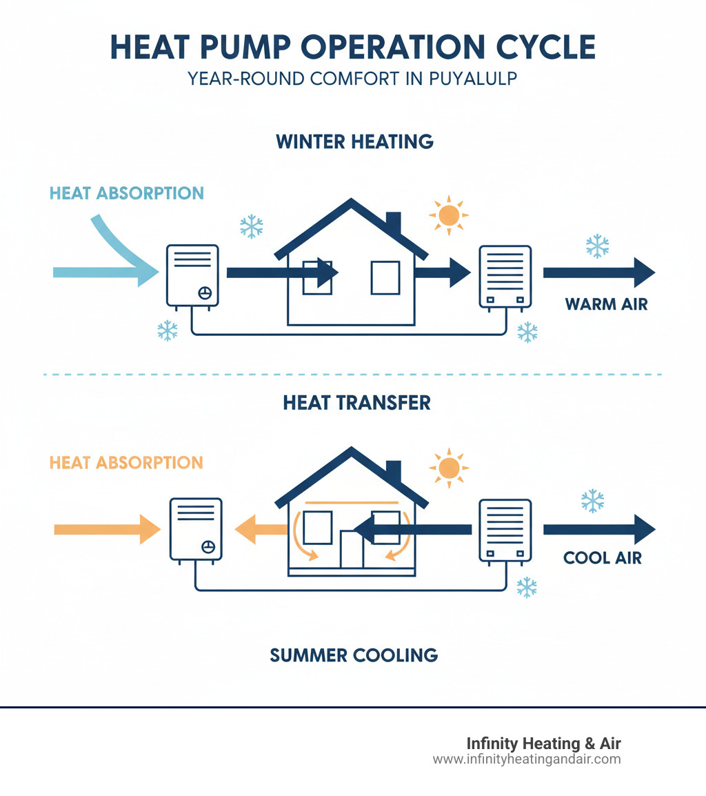 Detailed infographic showing heat pump operation cycle with arrows indicating heat transfer from outside to inside during winter heating mode and inside to outside during summer cooling mode, including outdoor unit, indoor unit, refrigerant lines, and seasonal operation differences - Heat pump installation Puyallup infographic 