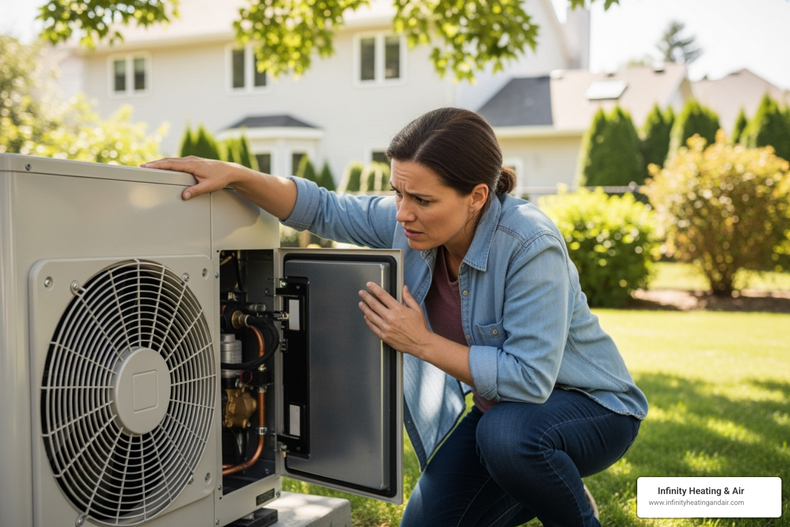 Homeowner looking concerned at their heat pump unit - Heat pump installation Puyallup
