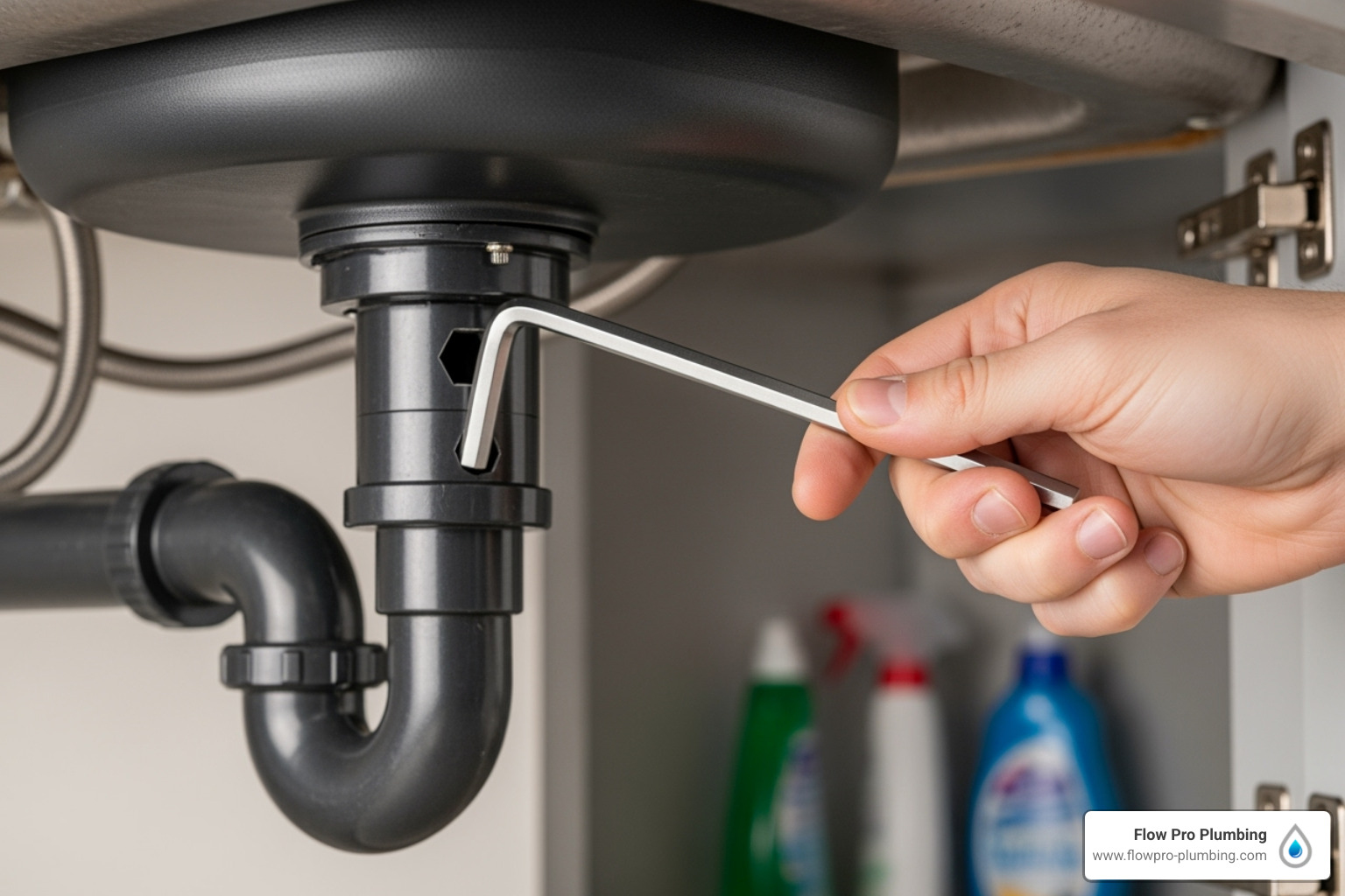 person safely using an Allen wrench on the bottom of a garbage disposal - Garbage disposal won't drain person safely using an Allen wrench on the bottom of a garbage disposal - Garbage disposal won't drain
