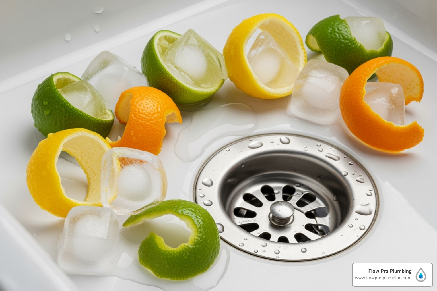citrus peels and ice cubes next to a clean sink drain - Garbage disposal won't drain citrus peels and ice cubes next to a clean sink drain - Garbage disposal won't drain