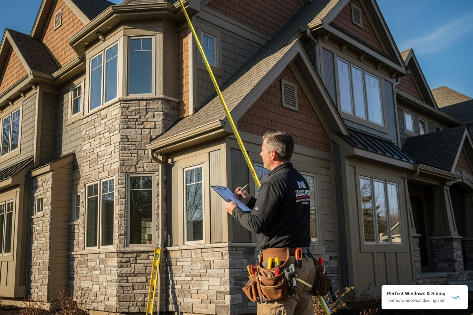 siding contractor measuring the exterior of a complex, multi-story house - exterior siding replacement cost
