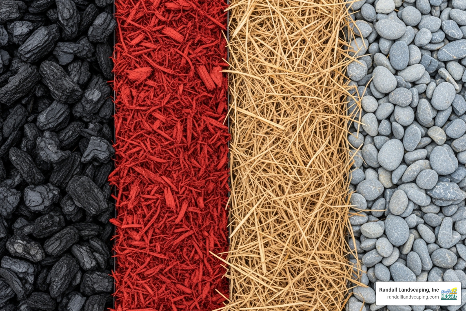 various mulch types side-by-side, such as black bark, red bark, pine straw, and river rocks - mulch installation