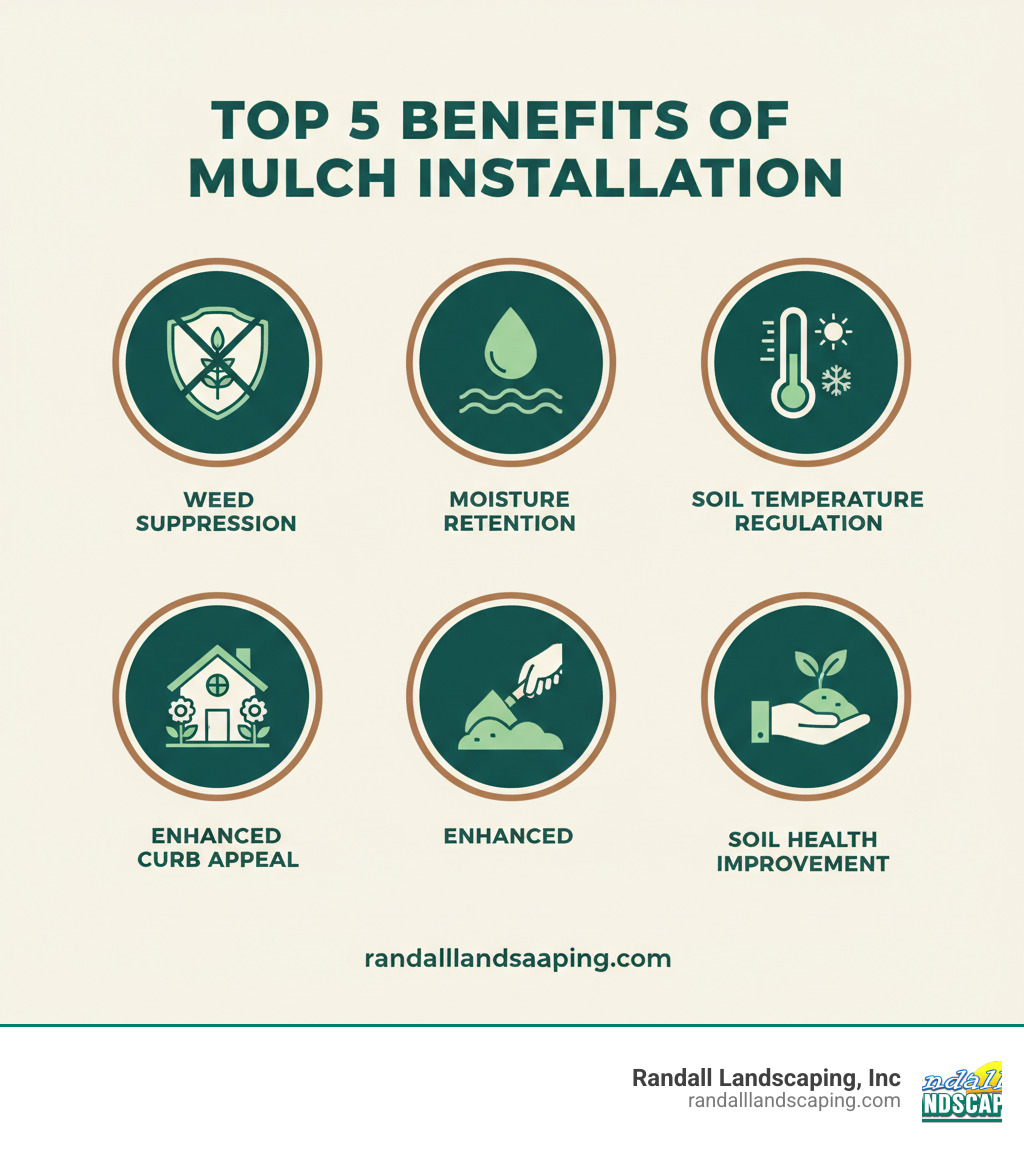 Infographic showing the top 5 benefits of mulch installation: weed suppression, moisture retention, soil temperature regulation, improved curb appeal, and soil health improvement with visual icons and brief descriptions - mulch installation infographic 