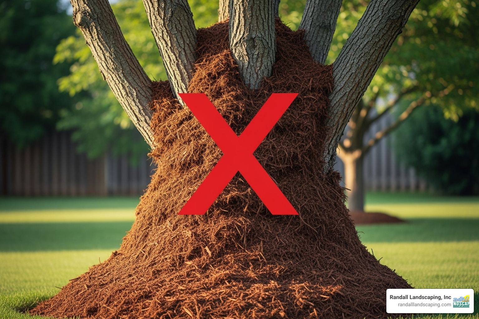 a "mulch volcano" piled high against a tree trunk with a red "X" over it - mulch installation
