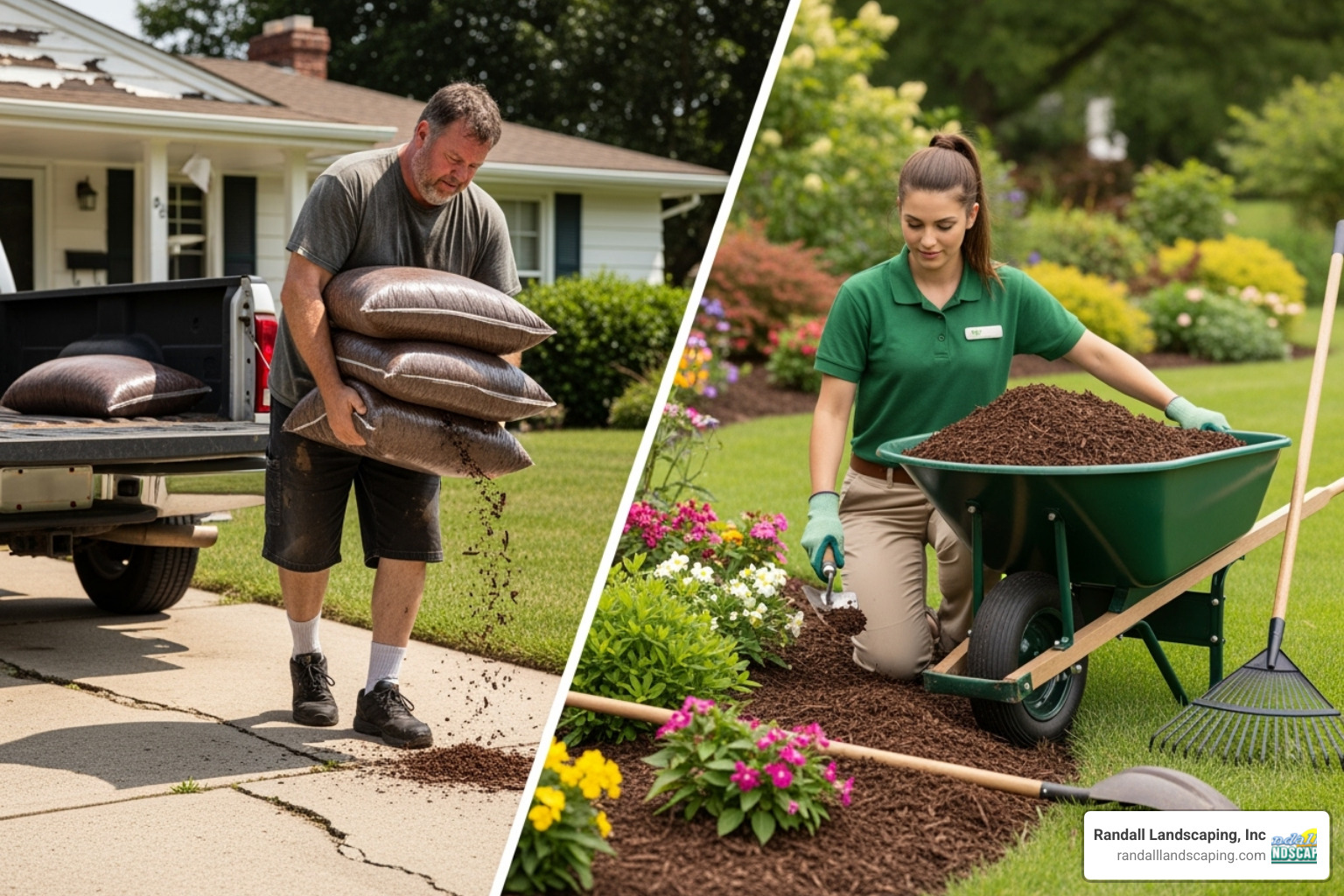 homeowner struggling with heavy bags of mulch next to a professional using a wheelbarrow and tools - mulch installation