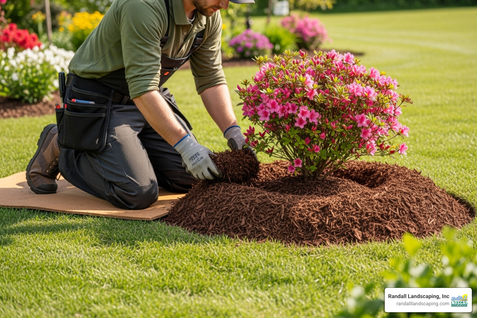 landscaper correctly applying mulch around a shrub, forming a donut shape - mulch installations
