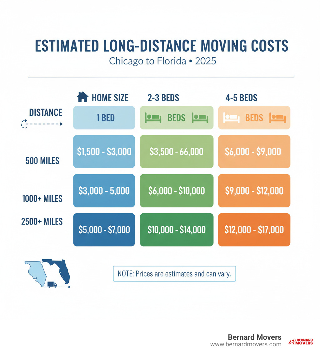 Table showing estimated long-distance moving costs from Chicago to Florida based on number of miles and bedrooms - movers st pete infographic 