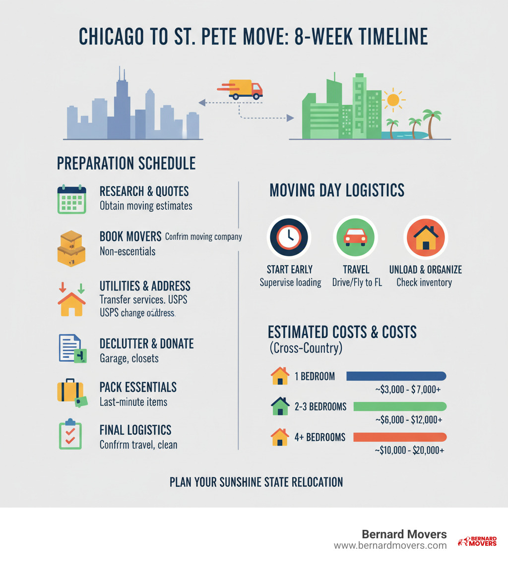 Comprehensive infographic showing the complete timeline for a successful Chicago to St. Petersburg move, including 8-week preparation schedule, key milestones like booking movers, obtaining quotes, packing timeline, utility transfers, address changes, and moving day logistics with estimated costs by home size - movers st pete infographic 