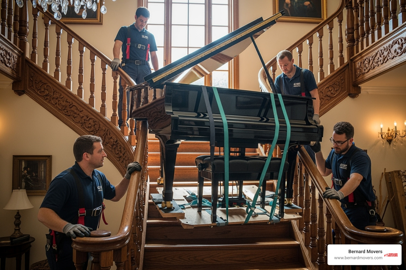A grand piano being carefully maneuvered down a staircase by a team of professional movers using specialized equipment, highlighting precision and care - movers st pete