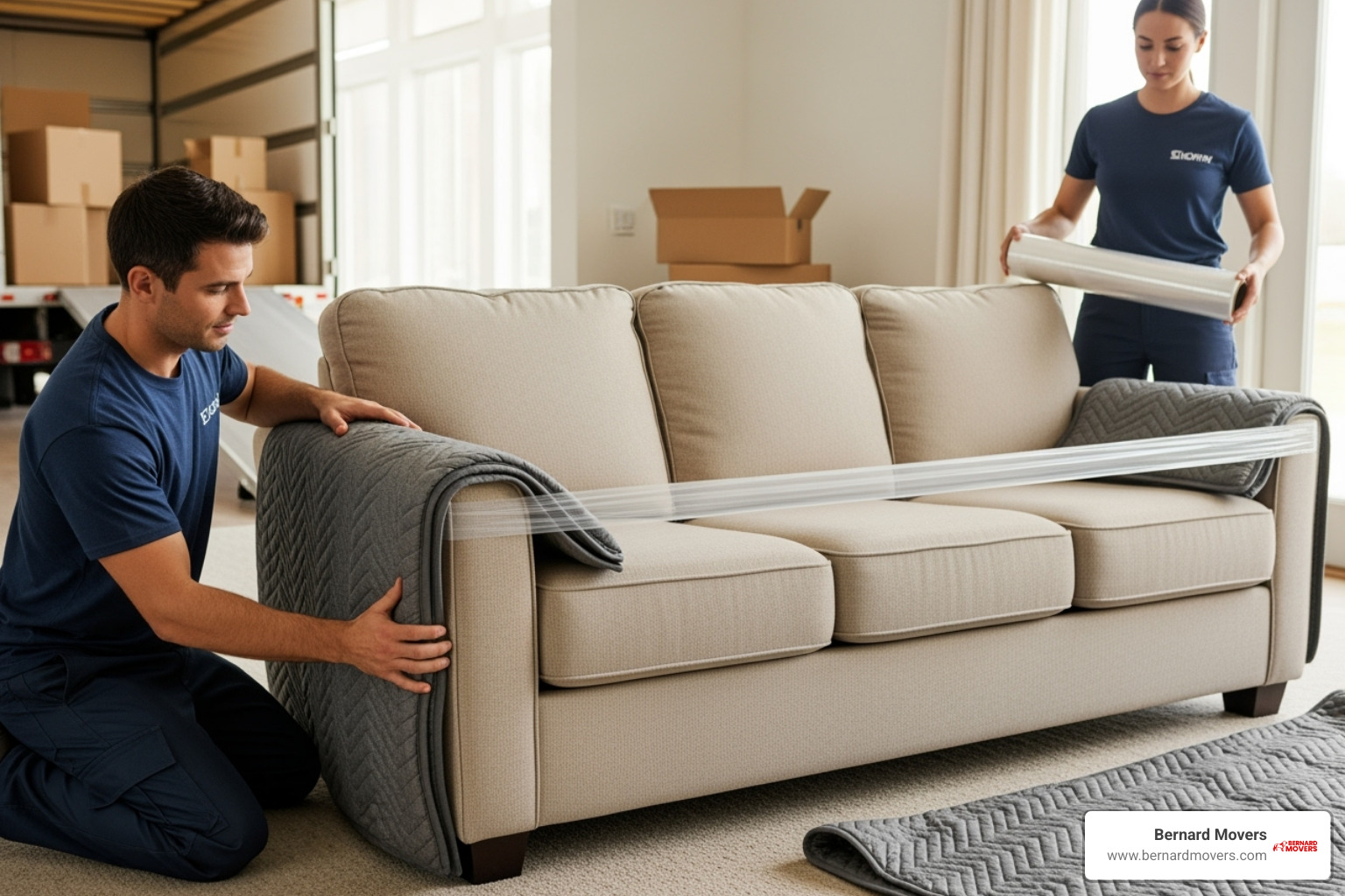 Professional movers carefully wrapping a sofa in protective padding before loading it onto a moving truck, emphasizing the care taken with each item - movers st pete