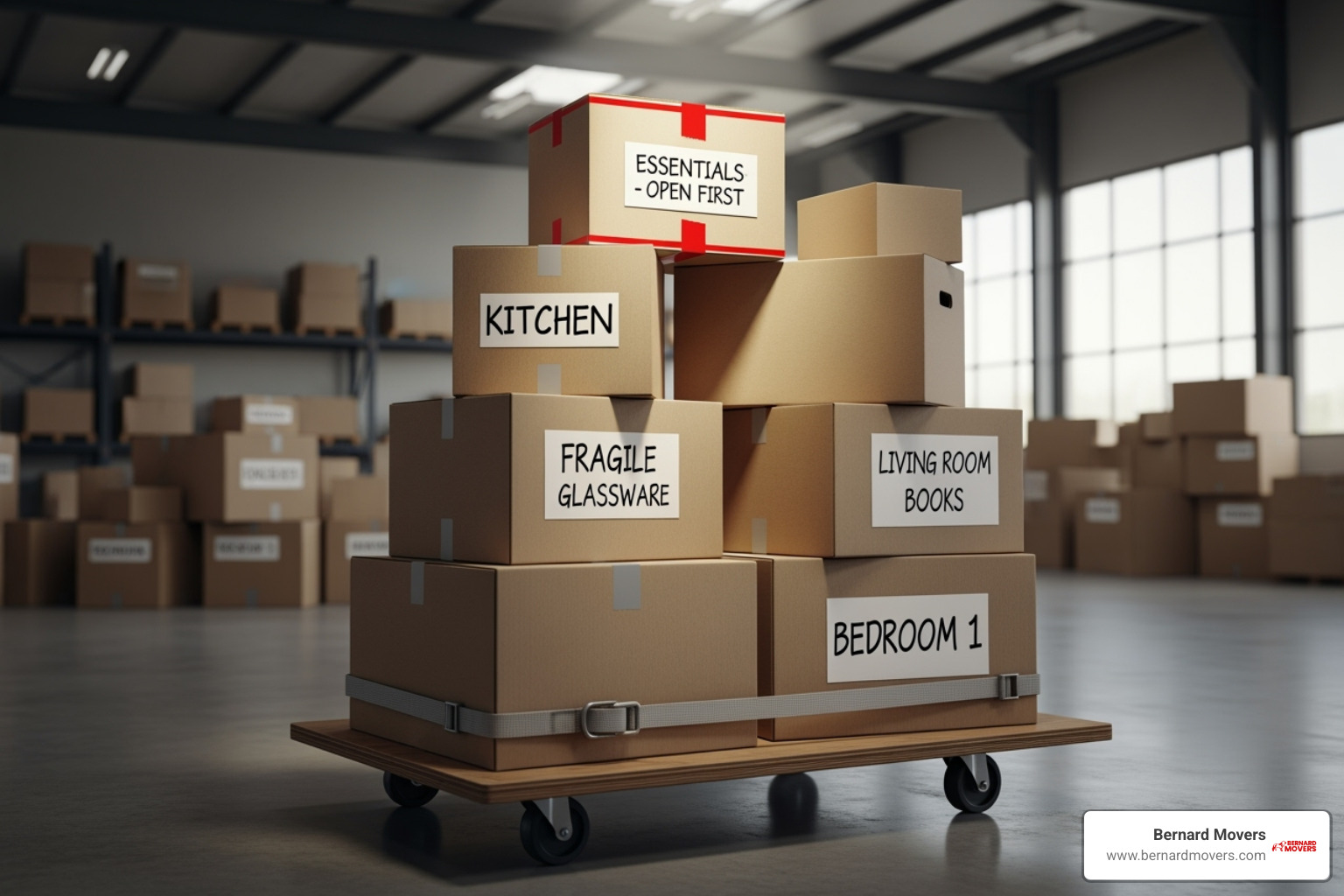 Clearly labeled moving boxes stacked neatly, ready for transport, with an essential items separated in an "open first" box - movers st pete