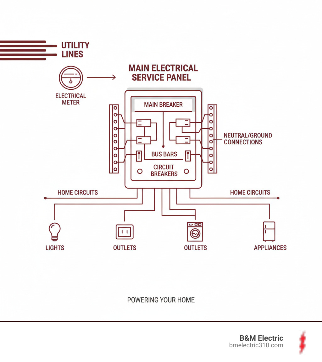 Detailed infographic showing electricity flow from utility lines through the electrical meter, into the main electrical service panel with labeled components including main breaker, circuit breakers, bus bars, and neutral/ground connections, then distributed to various home circuits powering lights, outlets, and appliances - Electrical service panel replacement infographic 