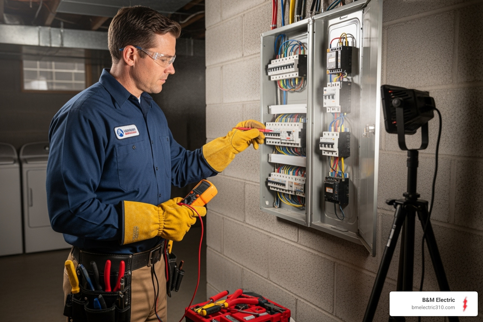 licensed electrician safely working on an electrical panel with proper tools and safety gear - Electrical service panel replacement