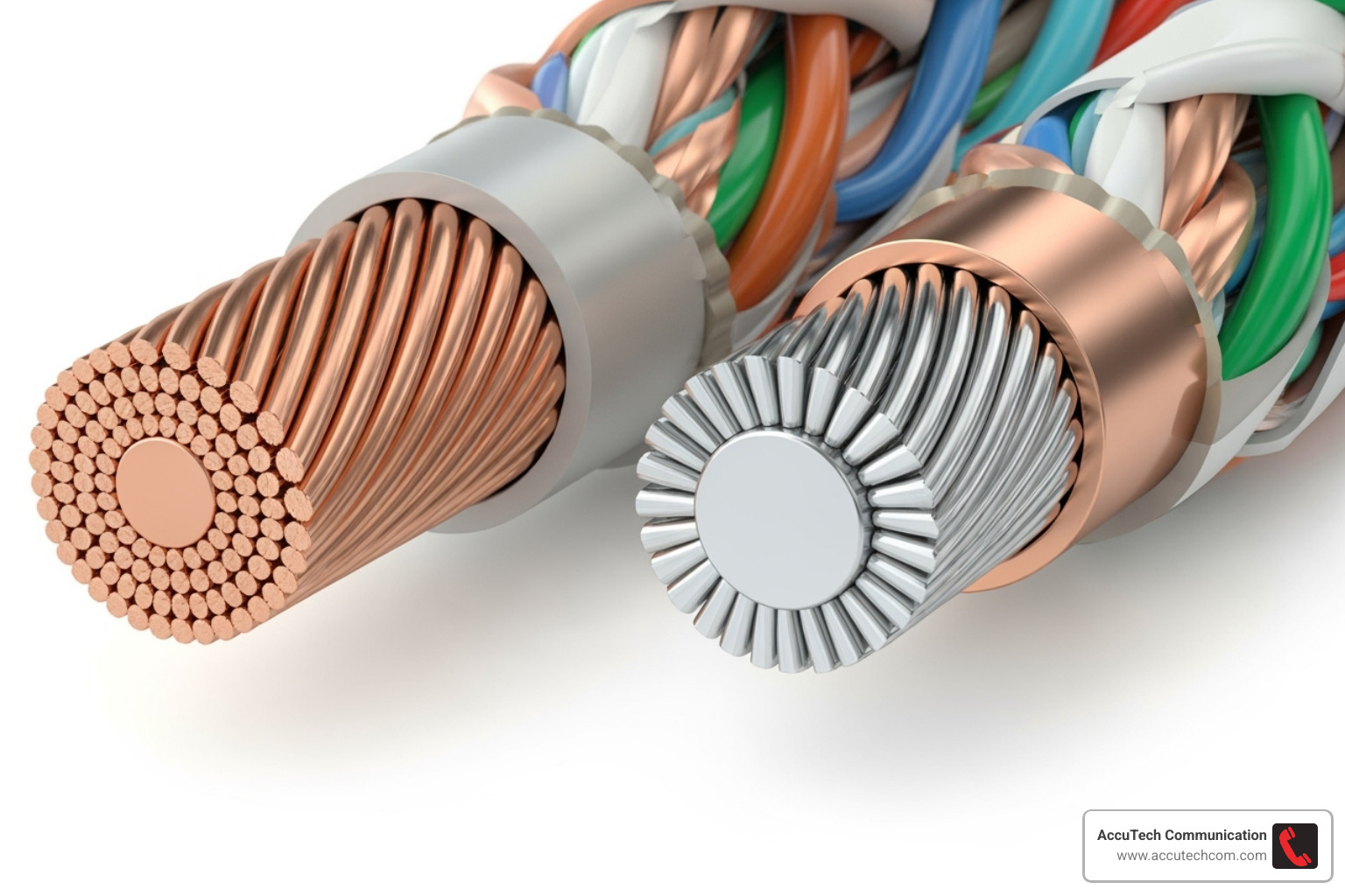 showing a cross-section of a pure copper cable vs. a CCA cable - how to test network cable quality