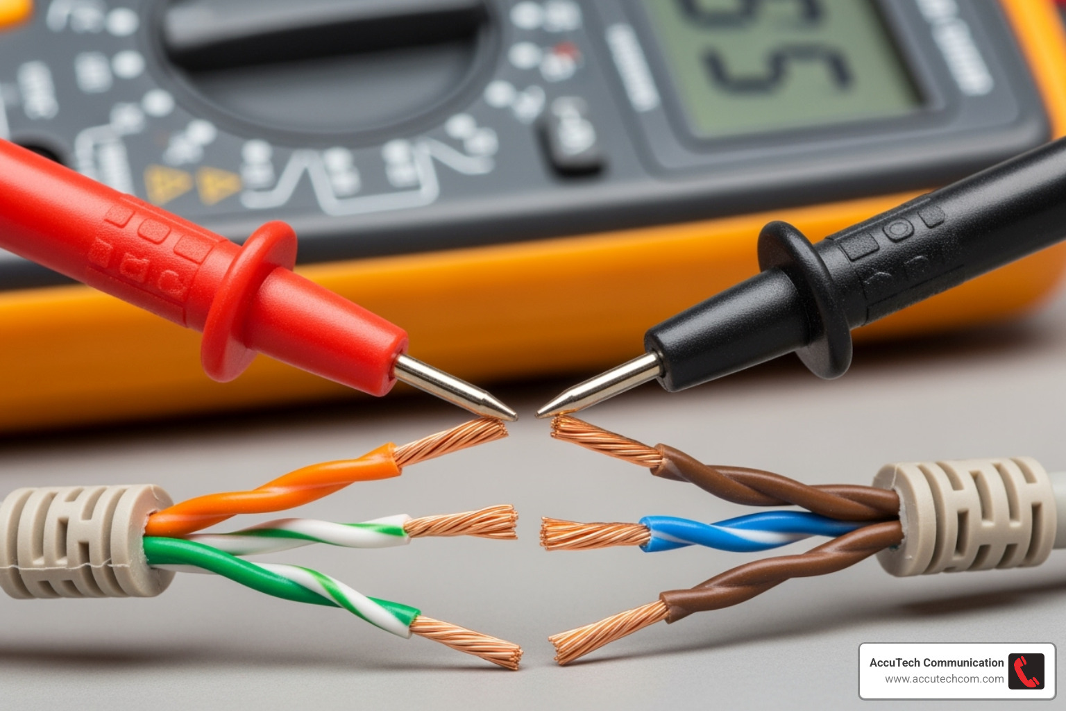 multimeter's probes on an Ethernet cable's wires - how to test network cable quality