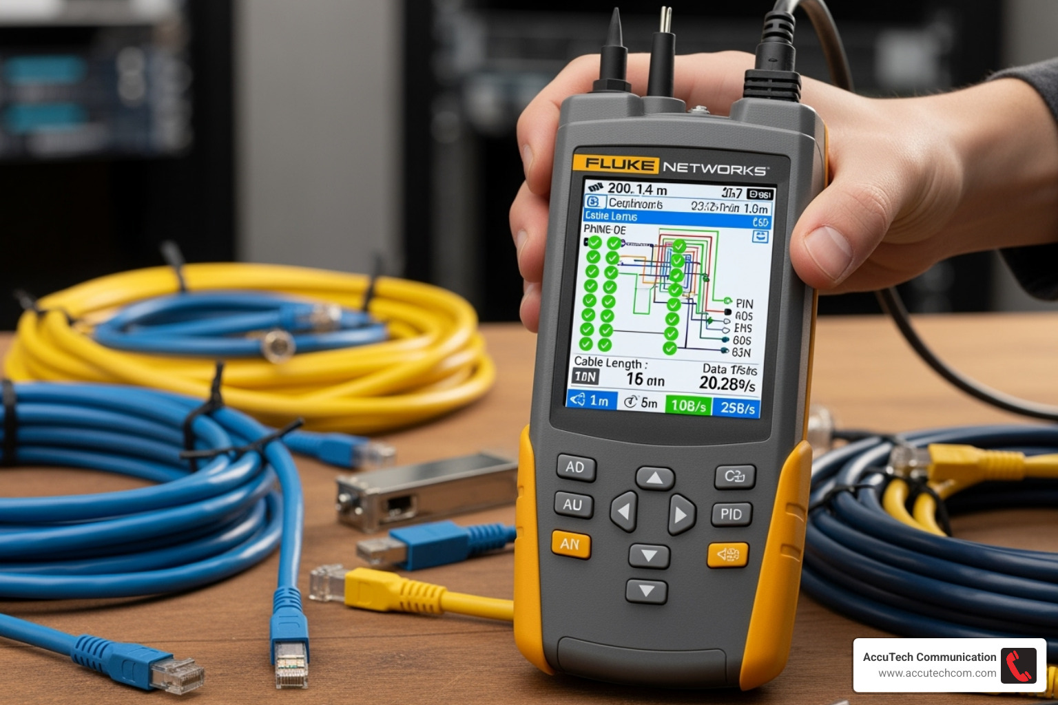 professional network cable tester like a Fluke device displaying results - how to test network cable quality