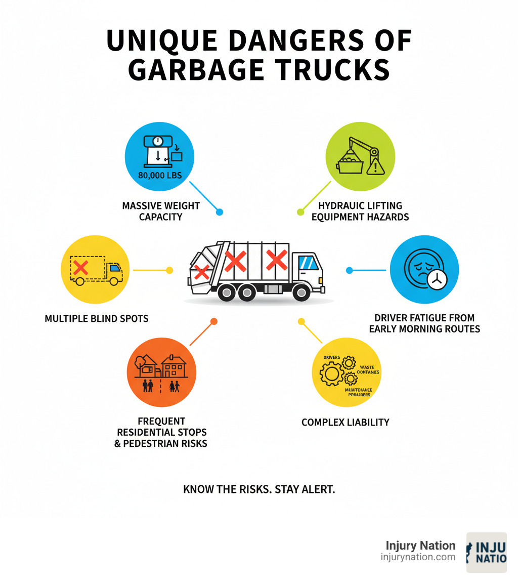 Infographic showing the unique dangers of garbage trucks including 80,000 pound weight capacity, multiple blind spots around the vehicle, frequent residential stops creating pedestrian risks, hydraulic lifting equipment hazards, driver fatigue from early morning routes, and complex liability involving drivers, waste companies, municipalities, and maintenance providers - garbage truck accident lawyer infographic Infographic showing the unique dangers of garbage trucks including 80,000 pound weight capacity, multiple blind spots around the vehicle, frequent residential stops creating pedestrian risks, hydraulic lifting equipment hazards, driver fatigue from early morning routes, and complex liability involving drivers, waste companies, municipalities, and maintenance providers - garbage truck accident lawyer infographic