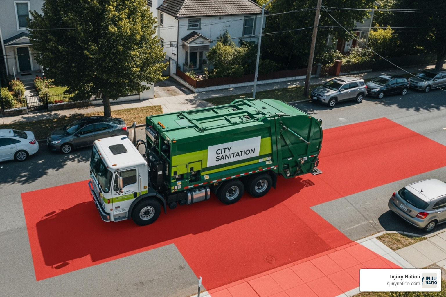 Image illustrating the extensive blind spots around a garbage truck, with red zones indicating areas where the driver cannot see - garbage truck accident lawyer Image illustrating the extensive blind spots around a garbage truck, with red zones indicating areas where the driver cannot see - garbage truck accident lawyer