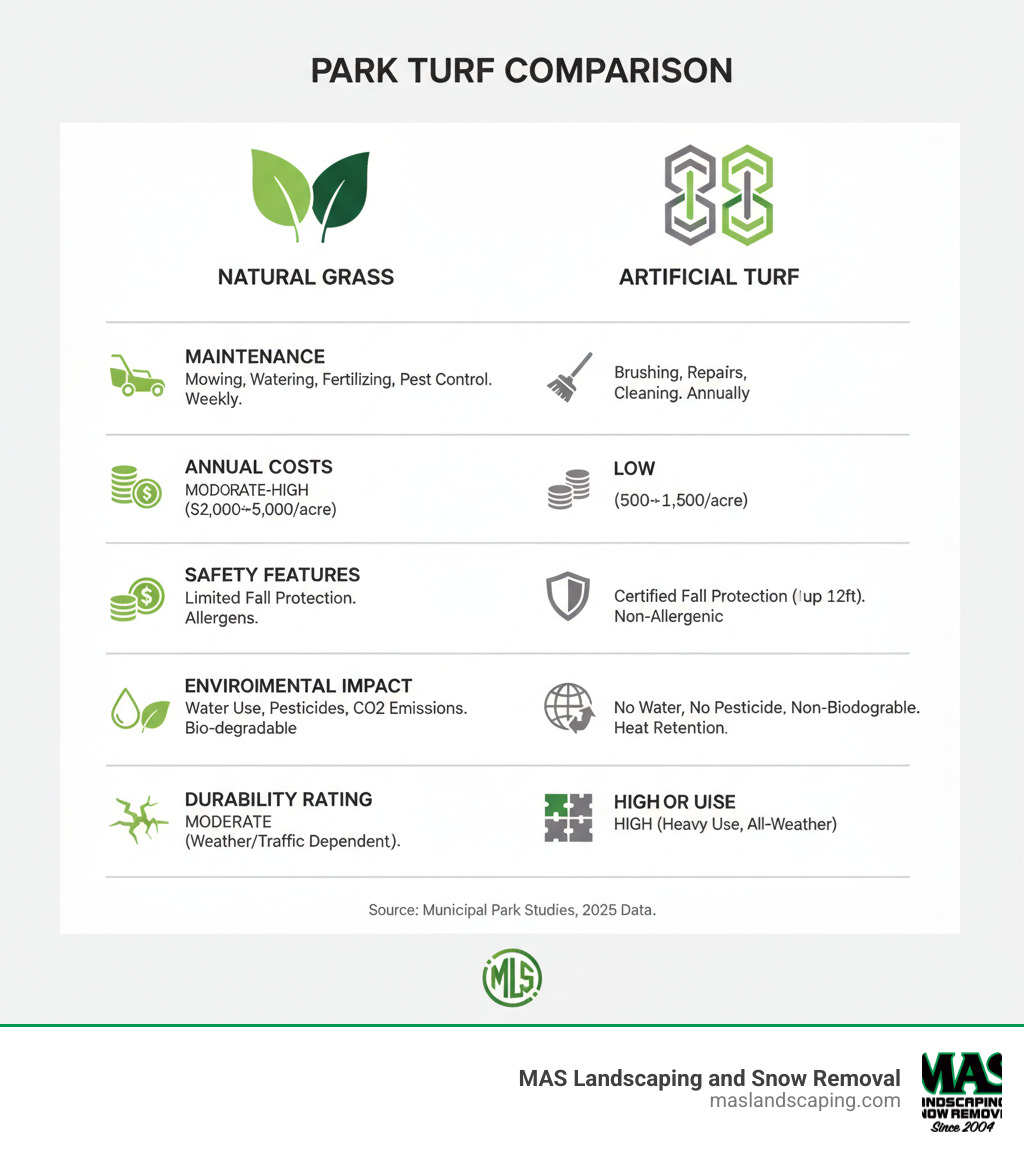 Comprehensive comparison showing maintenance requirements, annual costs, safety features, environmental impact, and durability ratings between natural grass and artificial turf installations in municipal park settings - Fake grass for parks infographic 