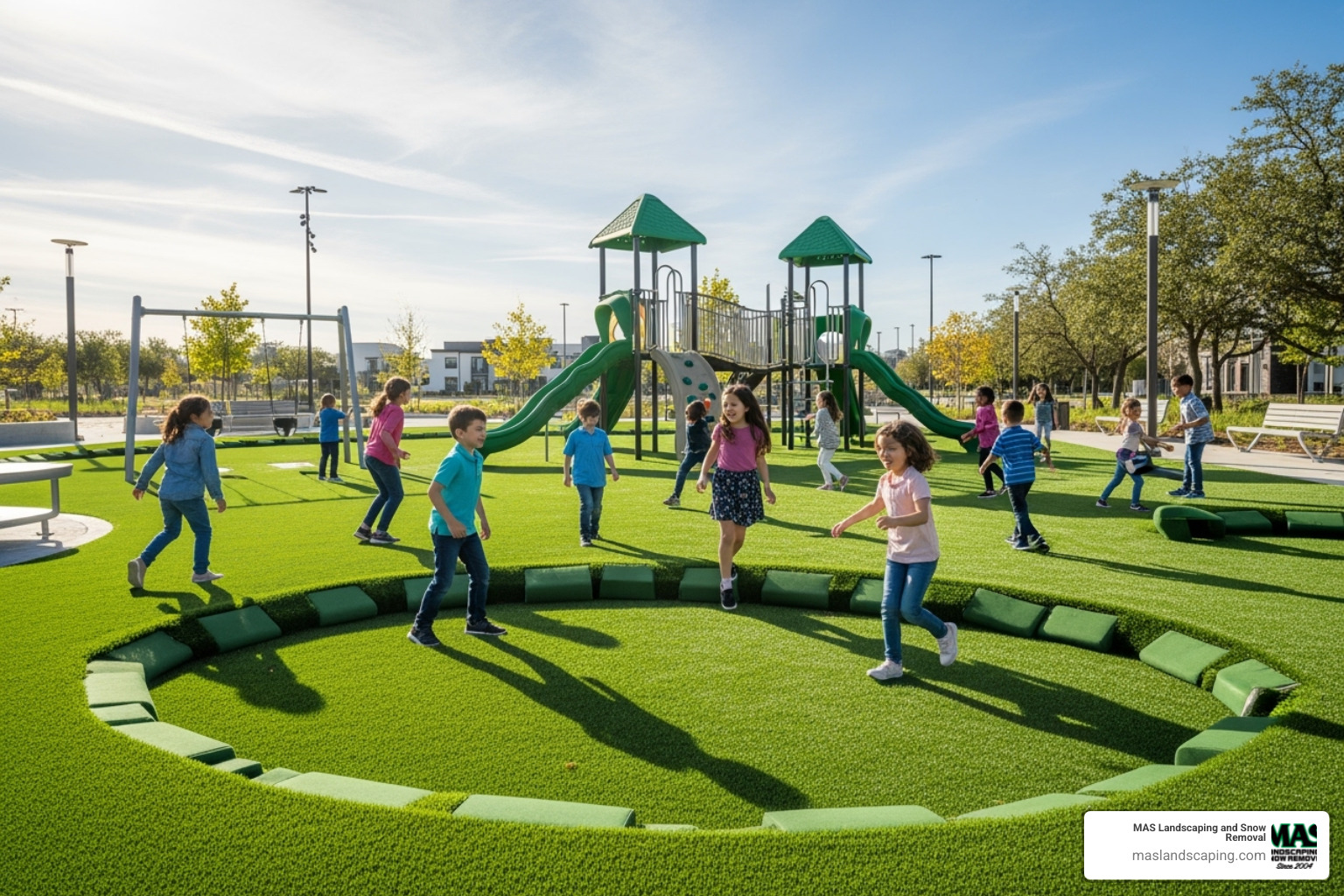 children safely playing on a cushioned artificial turf surface - Fake grass for parks