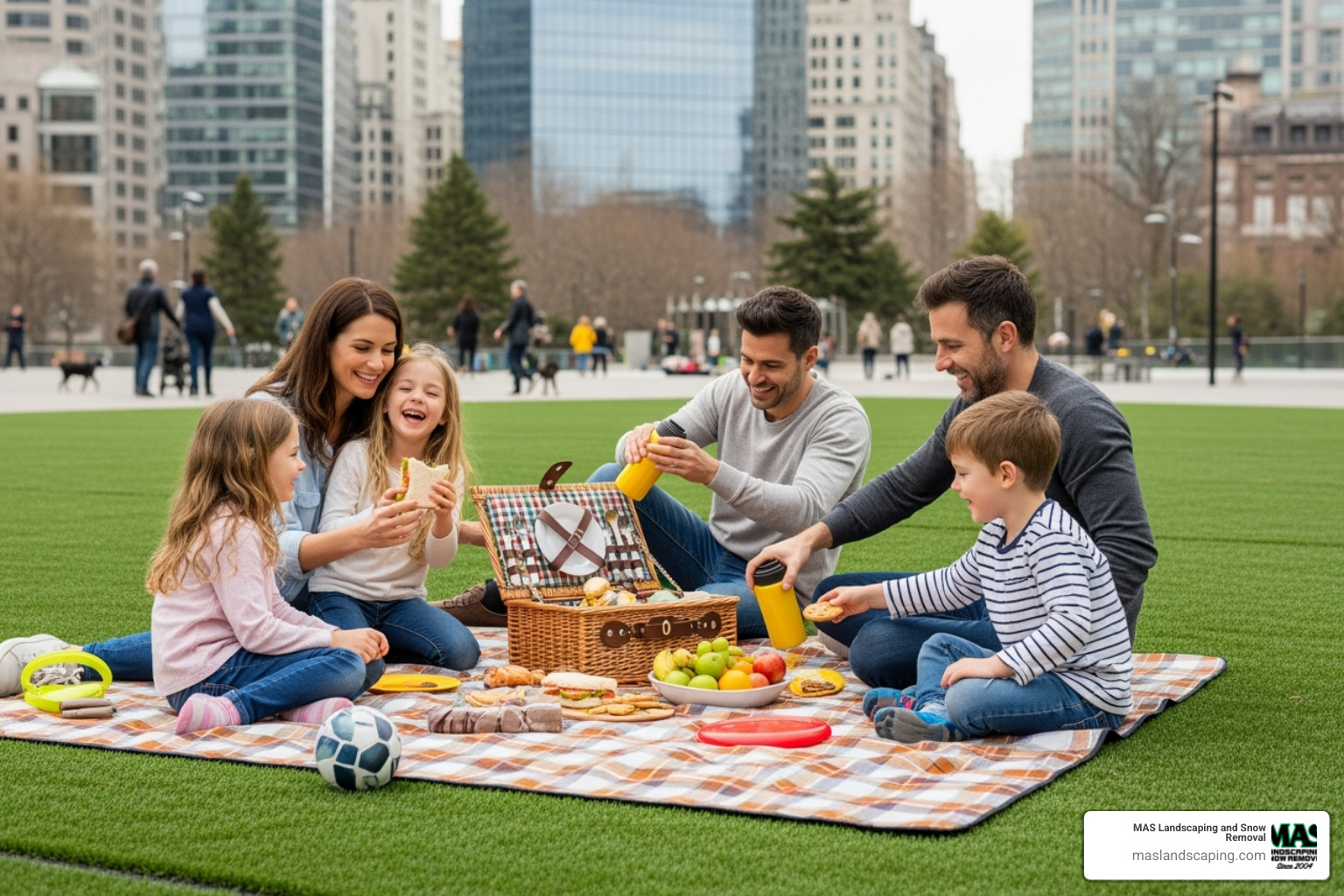 family enjoying a picnic on artificial turf lawn in a city park - Fake grass for parks