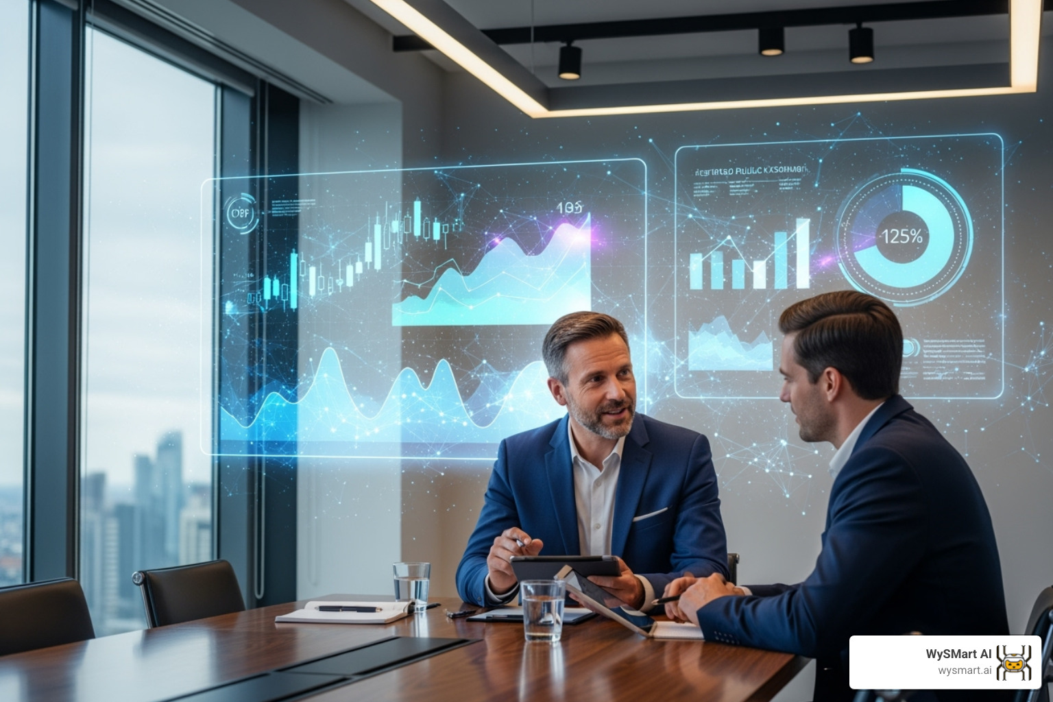CPA advising a client, with AI-generated data visualizations in the background - AI for accounting firms CPA advising a client, with AI-generated data visualizations in the background - AI for accounting firms