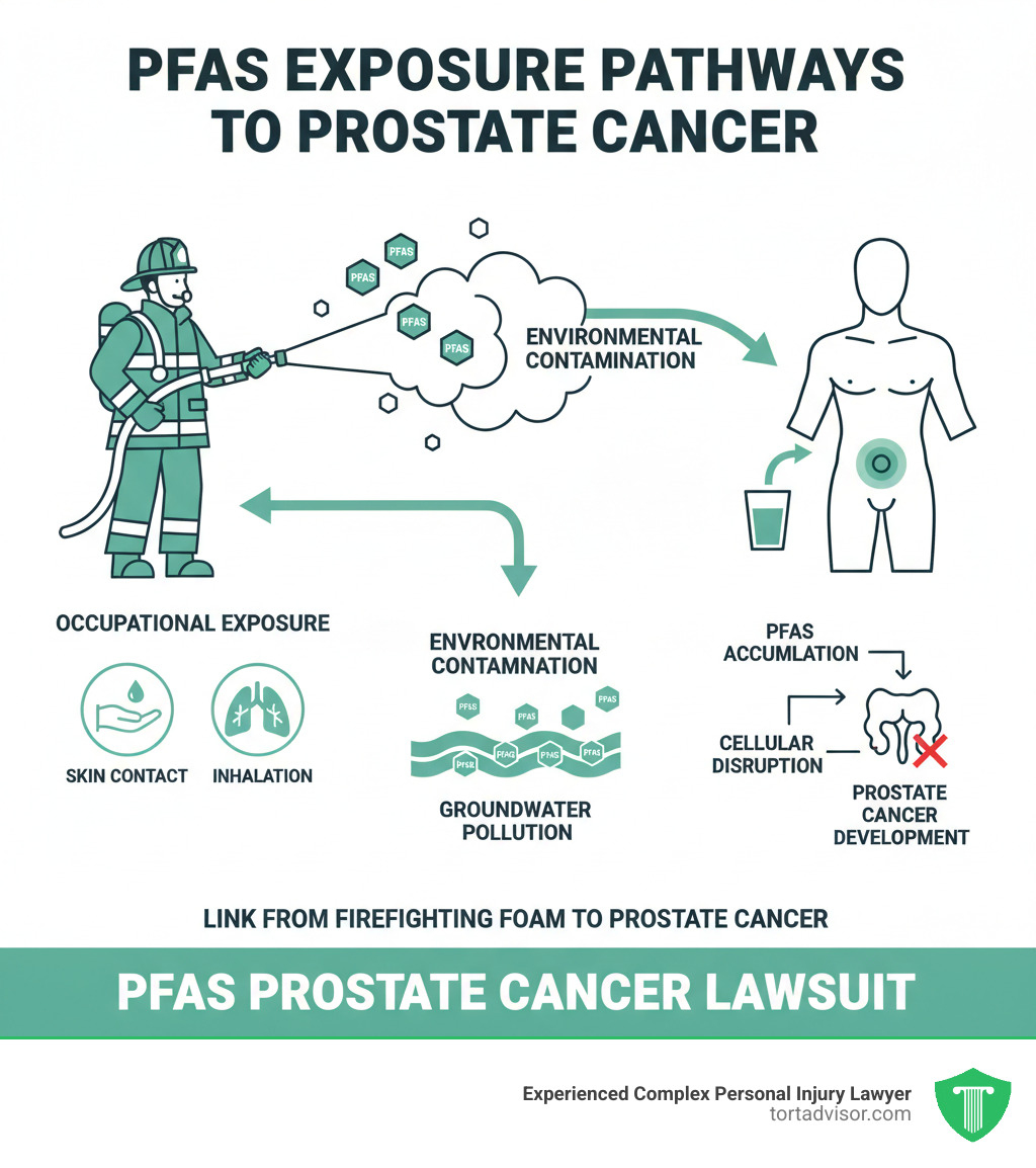 Detailed infographic showing PFAS exposure pathways from firefighting foam to human body, including occupational exposure through skin contact and inhalation, environmental contamination of groundwater, and biological mechanisms leading to prostate cancer development - pfas prostate cancer lawsuit infographic 