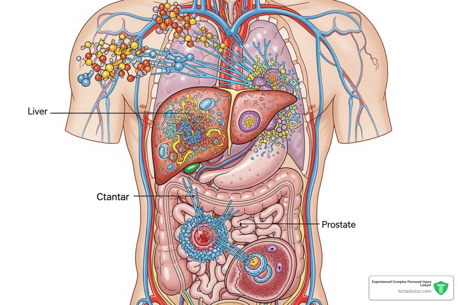Illustrative graphic showing PFAS chemicals entering the bloodstream, accumulating in organs like the liver and prostate, and disrupting cellular and hormonal functions - pfas prostate cancer lawsuit