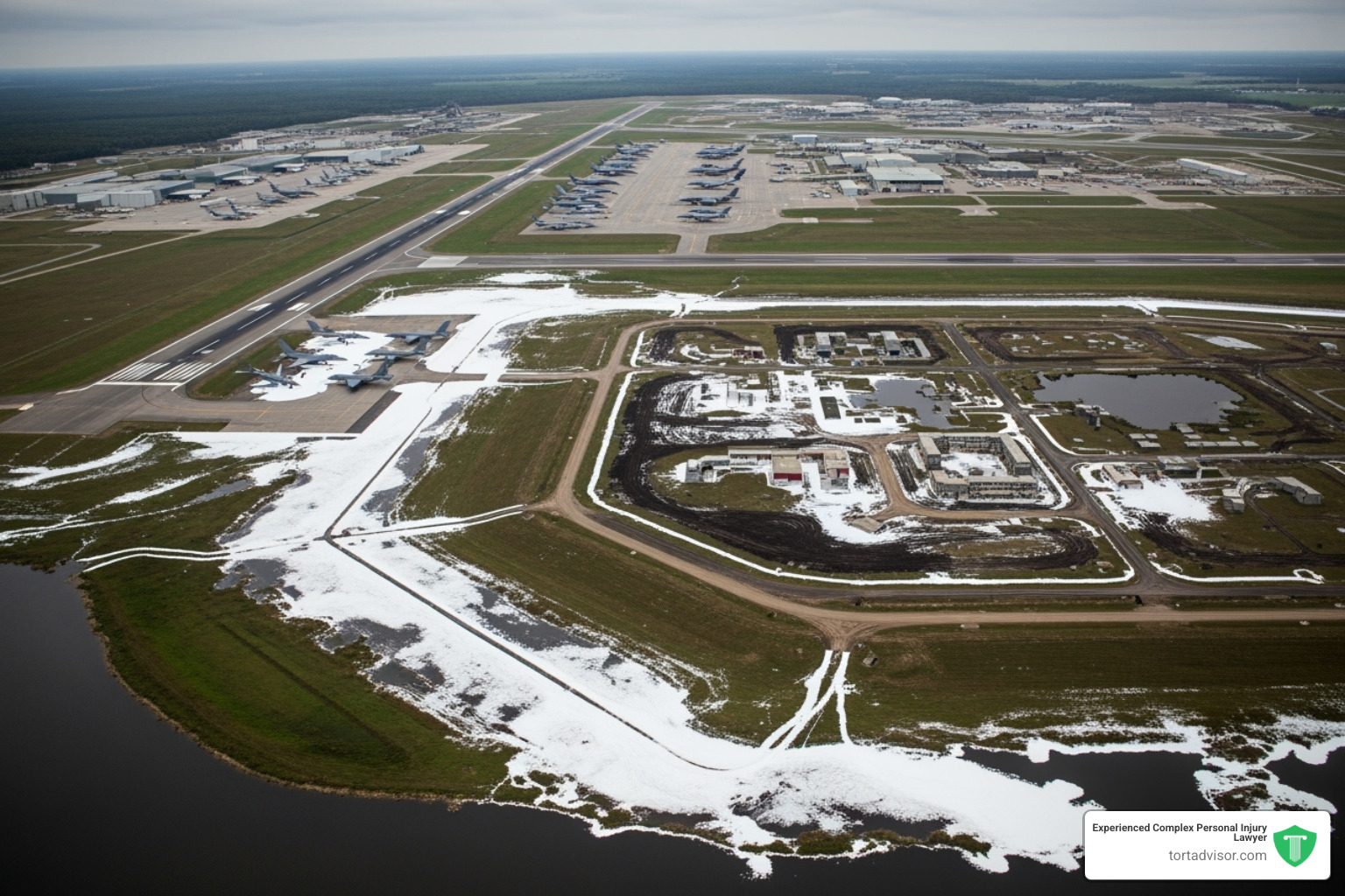 Aerial view of a military base with an airfield, showing training areas where AFFF firefighting foam may have been used, leading to ground and water contamination - pfas prostate cancer lawsuit